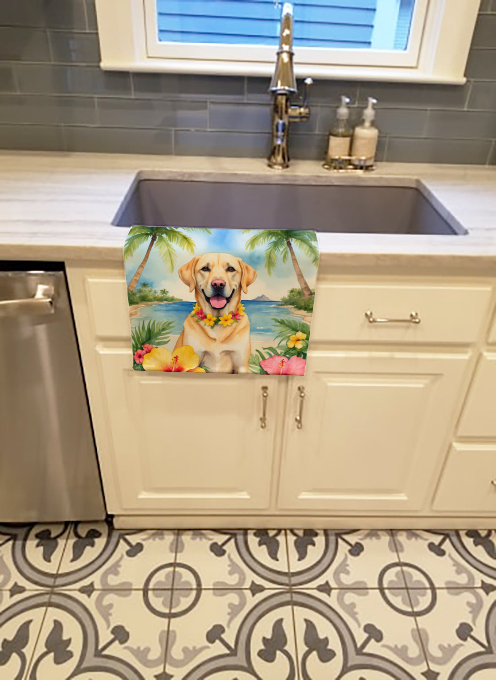 Yellow Labrador Retriever Luau Kitchen Towel Velour Plush Front and Cotton Loop Back Machine Washable