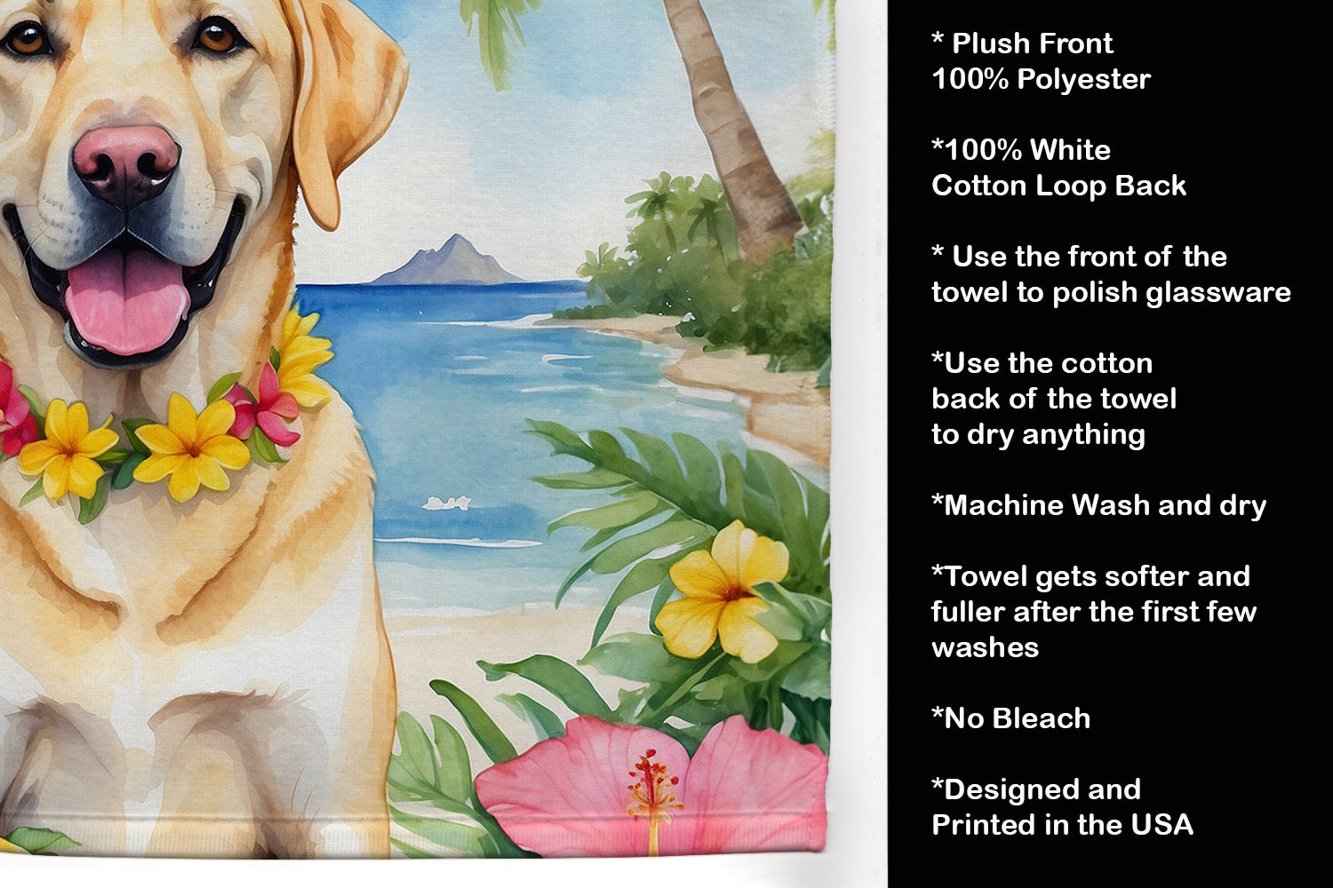 Yellow Labrador Retriever Luau Kitchen Towel Velour Plush Front and Cotton Loop Back Machine Washable
