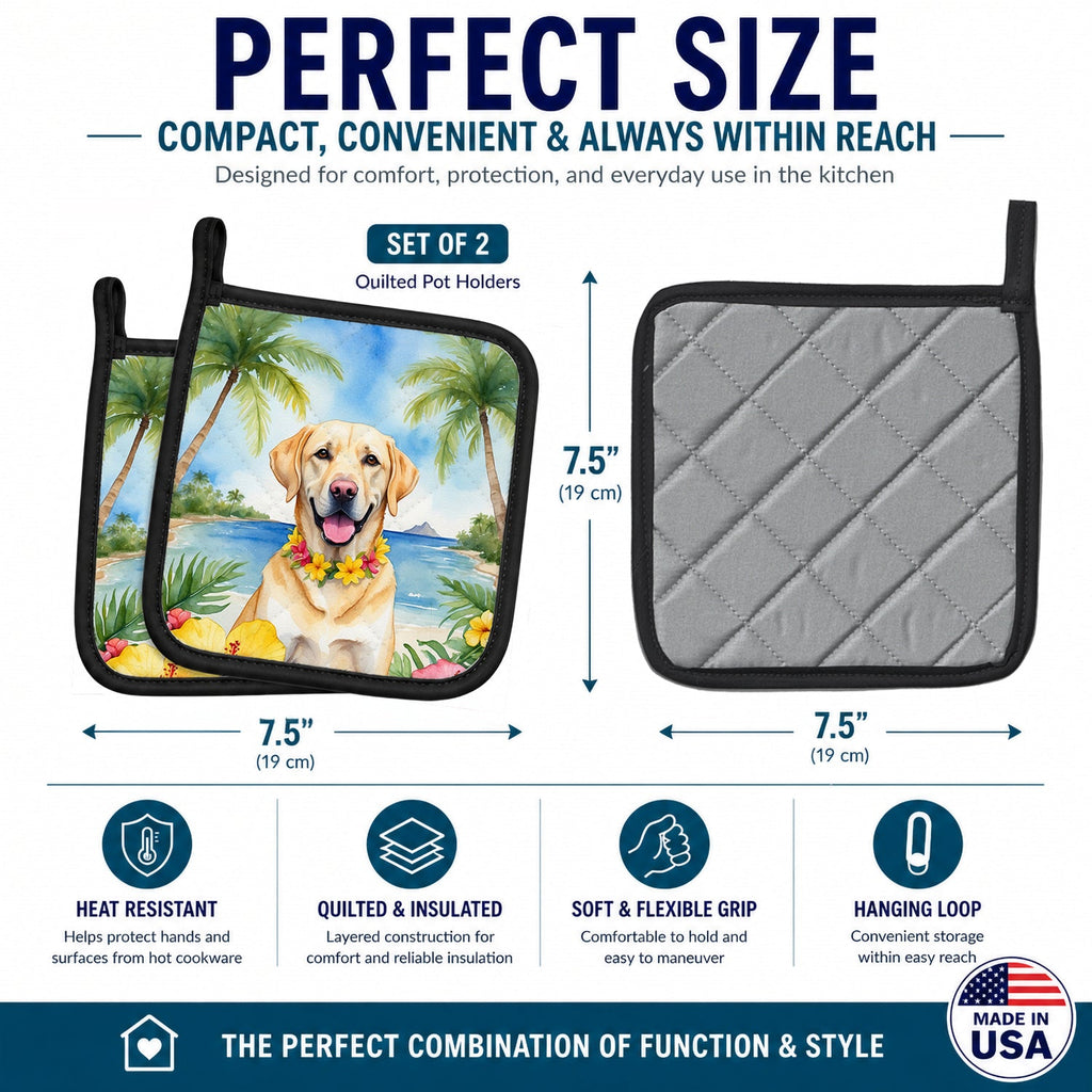 Yellow Labrador Retriever Luau Pot Holder Set of 2 Heat Resistant Quilted Hot Pads 7.5 x 7.5 Inch, Insulated Kitchen Trivets for Cooking & Baking