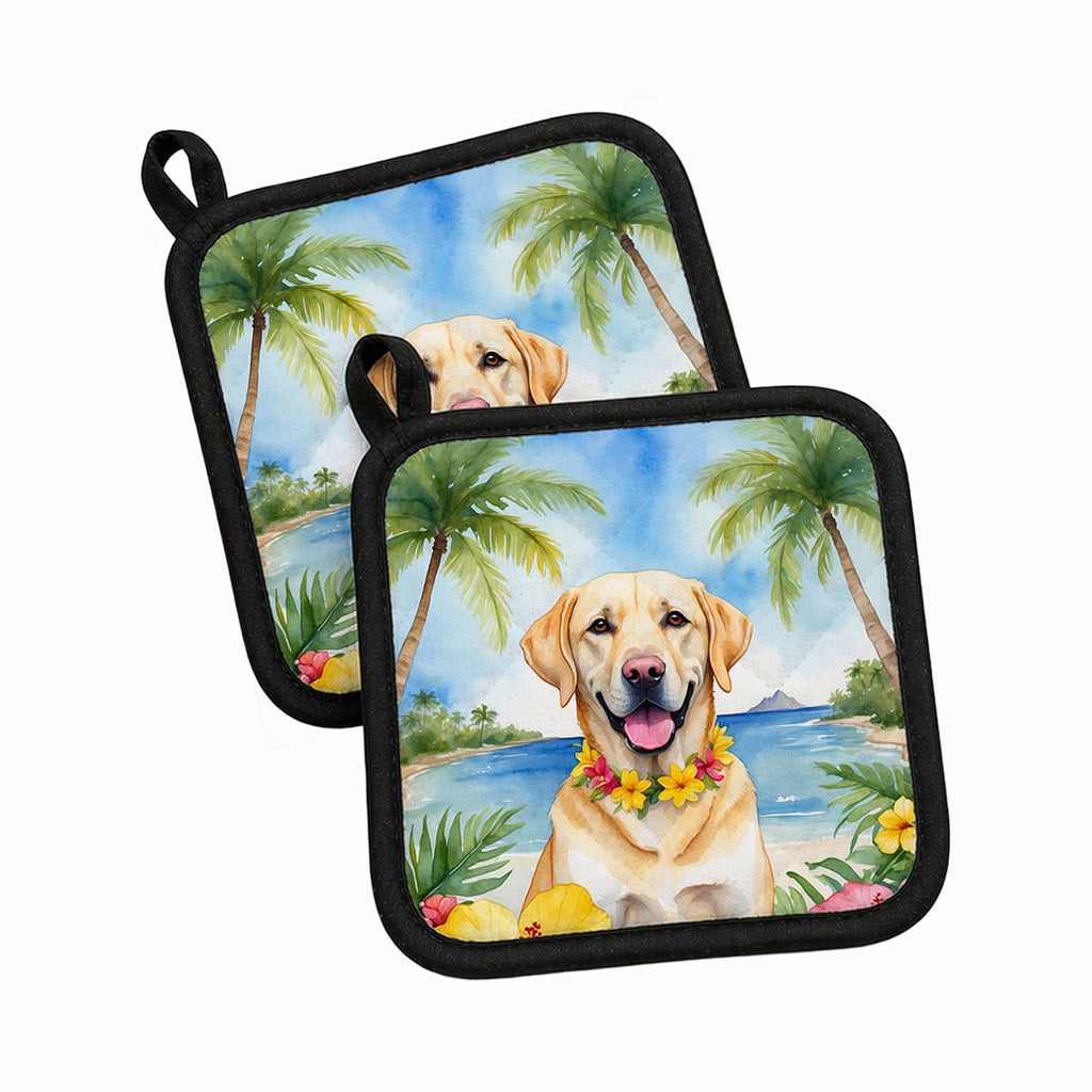 Yellow Labrador Retriever Luau Pot Holder Set of 2 Heat Resistant Quilted Hot Pads 7.5 x 7.5 Inch, Insulated Kitchen Trivets for Cooking & Baking
