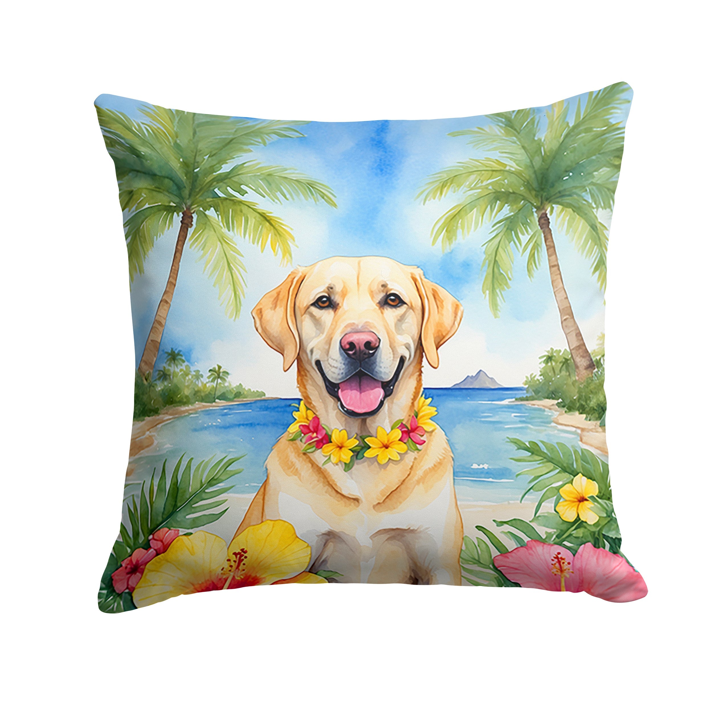 Yellow Labrador Retriever Luau Decorative Throw Pillow 14x14 Indoor Outdoor Accent Cushion, Fabric Cover with Insert for Sofa, Bed, Porch & Living Room