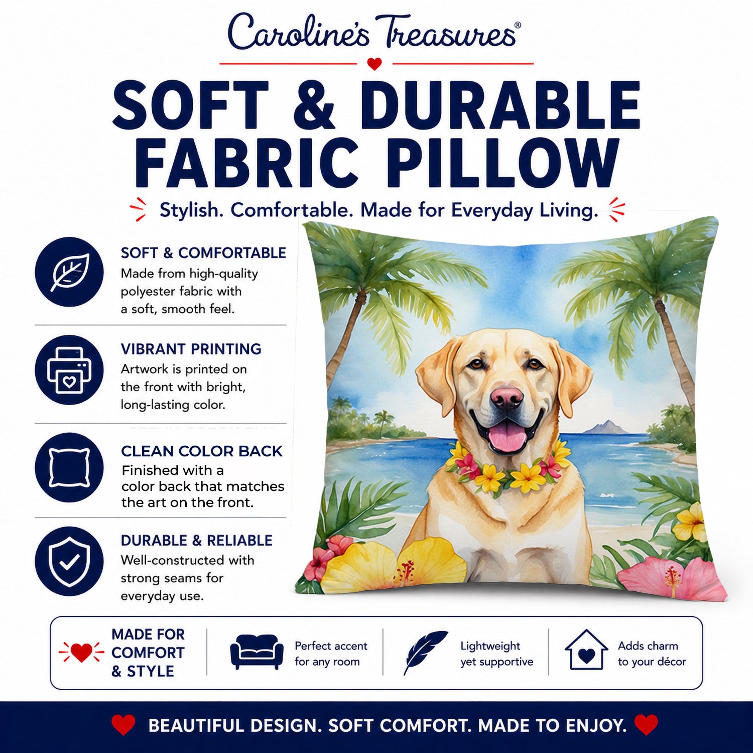 Yellow Labrador Retriever Luau Decorative Throw Pillow 14x14 Indoor Outdoor Accent Cushion, Fabric Cover with Insert for Sofa, Bed, Porch & Living Room