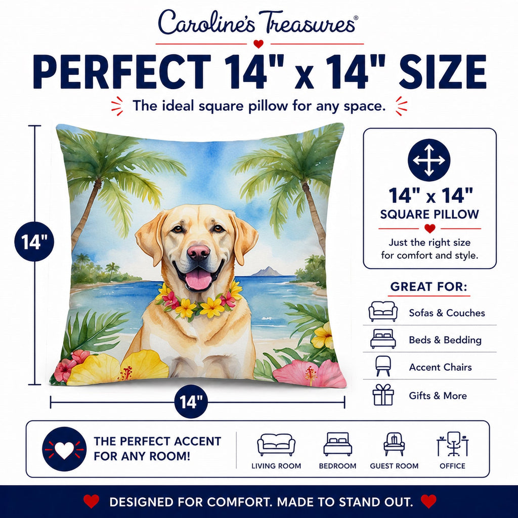Yellow Labrador Retriever Luau Decorative Throw Pillow 14x14 Indoor Outdoor Accent Cushion, Fabric Cover with Insert for Sofa, Bed, Porch & Living Room