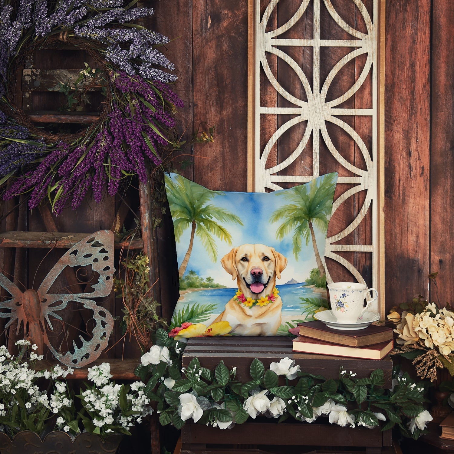 Yellow Labrador Retriever Luau Decorative Throw Pillow 18x18 Indoor Outdoor Accent Cushion, Fabric Cover with Insert for Sofa, Bed, Porch & Living Room