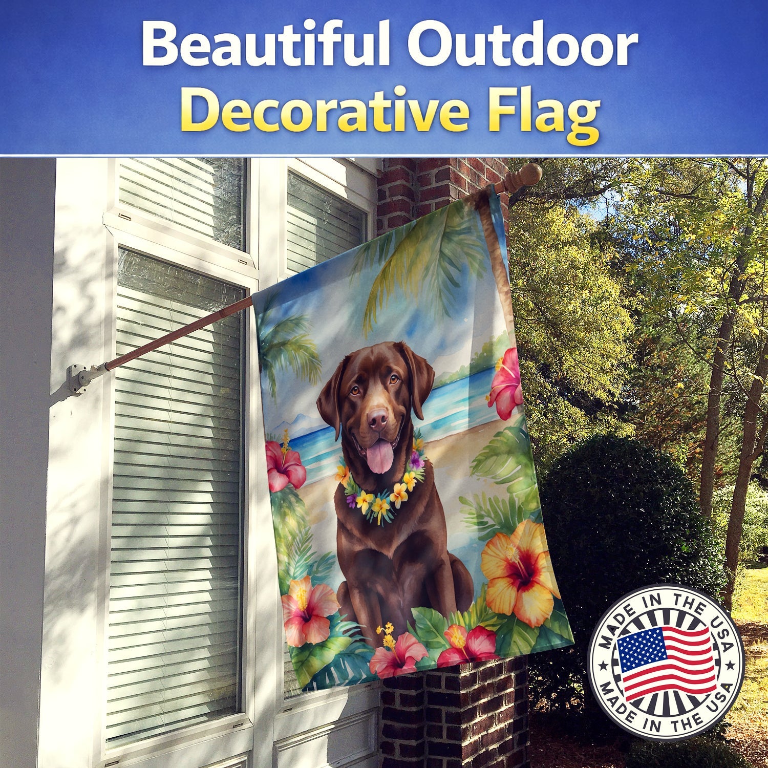 Chocolate Labrador Retriever Luau House Flag 28x40 Porch Sleeve Pole Decorative Outside Yard Banner Artwork Wall Hanging, Polyester