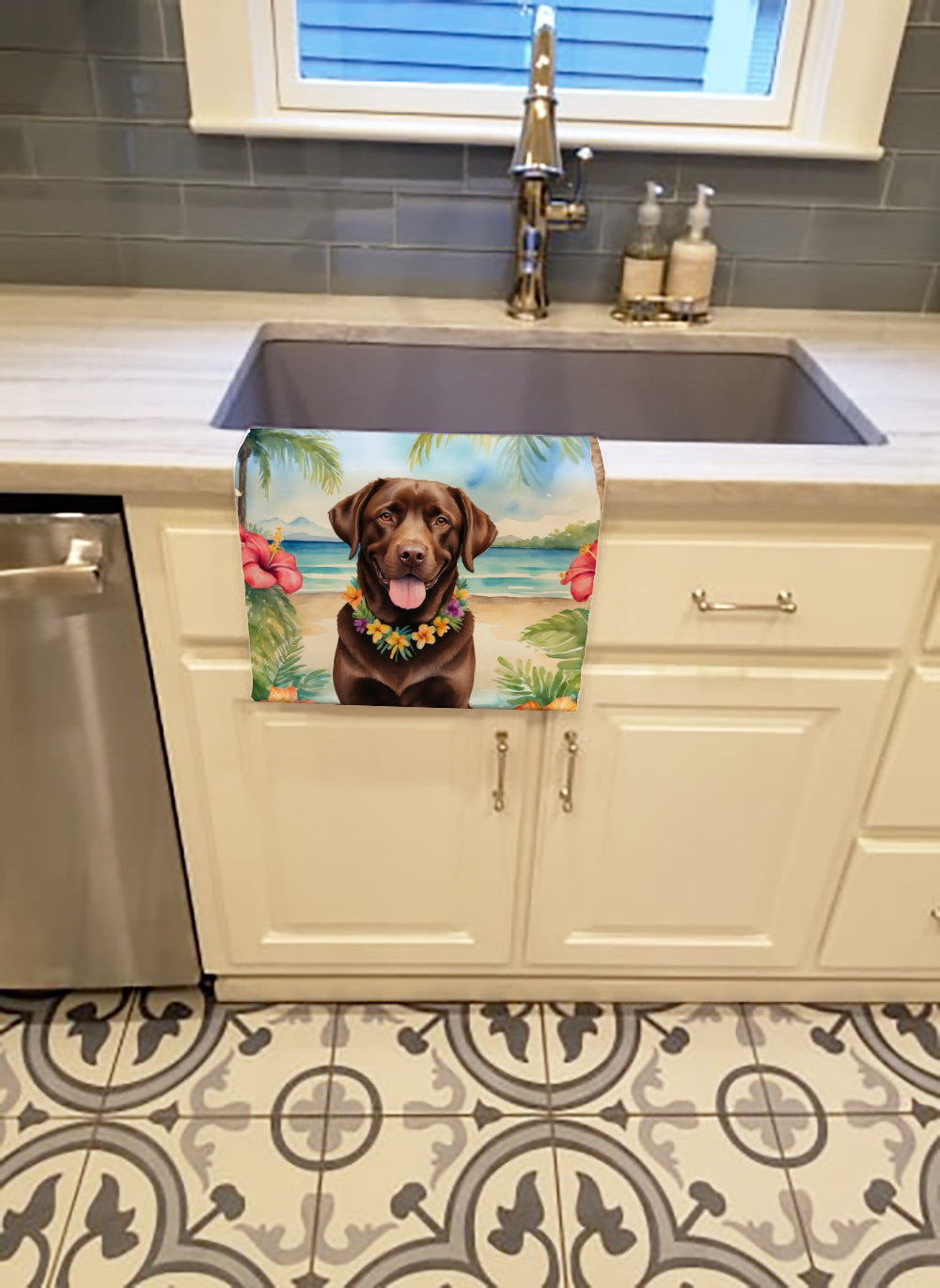 Chocolate Labrador Retriever Luau Kitchen Towel Velour Plush Front and Cotton Loop Back Machine Washable