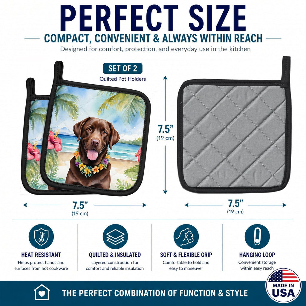 Chocolate Labrador Retriever Luau Pot Holder Set of 2 Heat Resistant Quilted Hot Pads 7.5 x 7.5 Inch, Insulated Kitchen Trivets for Cooking & Baking
