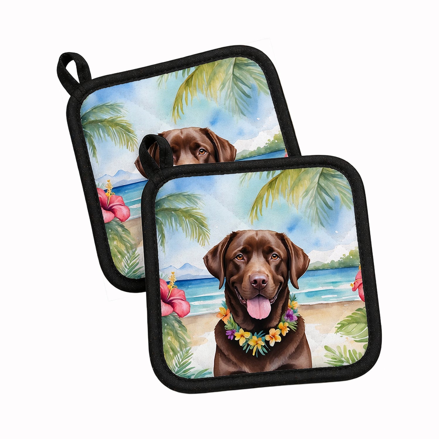 Chocolate Labrador Retriever Luau Pot Holder Set of 2 Heat Resistant Quilted Hot Pads 7.5 x 7.5 Inch, Insulated Kitchen Trivets for Cooking & Baking