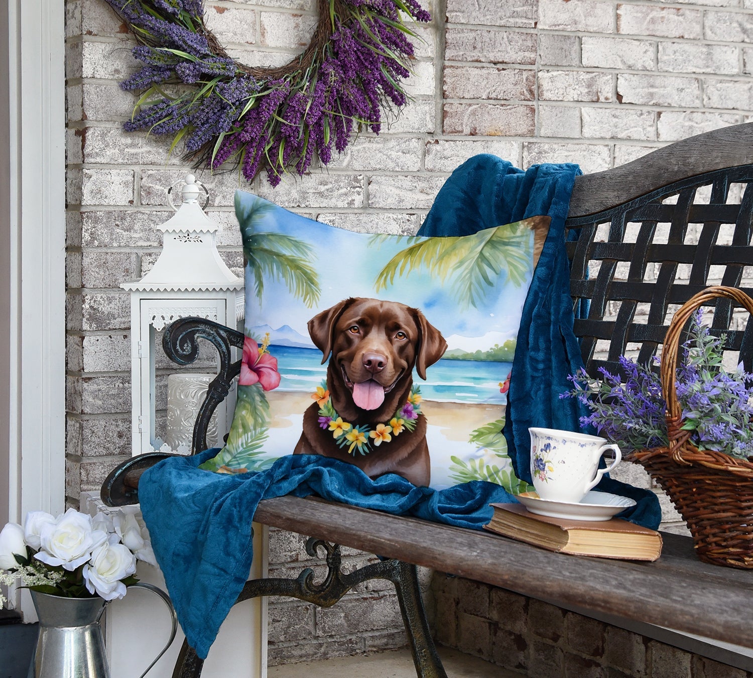 Chocolate Labrador Retriever Luau Decorative Throw Pillow 18x18 Indoor Outdoor Accent Cushion, Fabric Cover with Insert for Sofa, Bed, Porch & Living Room