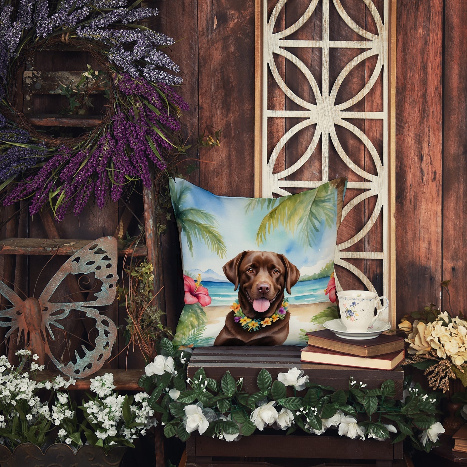 Chocolate Labrador Retriever Luau Decorative Throw Pillow 18x18 Indoor Outdoor Accent Cushion, Fabric Cover with Insert for Sofa, Bed, Porch & Living Room