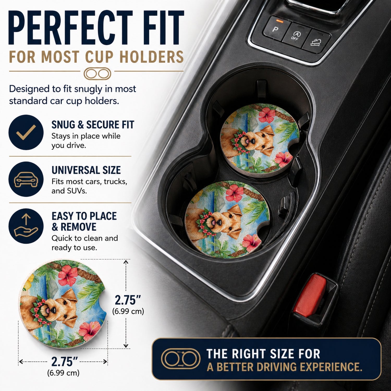 Lakeland Terrier Luau Set of 2 Cup Holder Car Coasters Absorbent Round Sandstone Coasters Gifts for Men or Women, 2.5, Multicolor