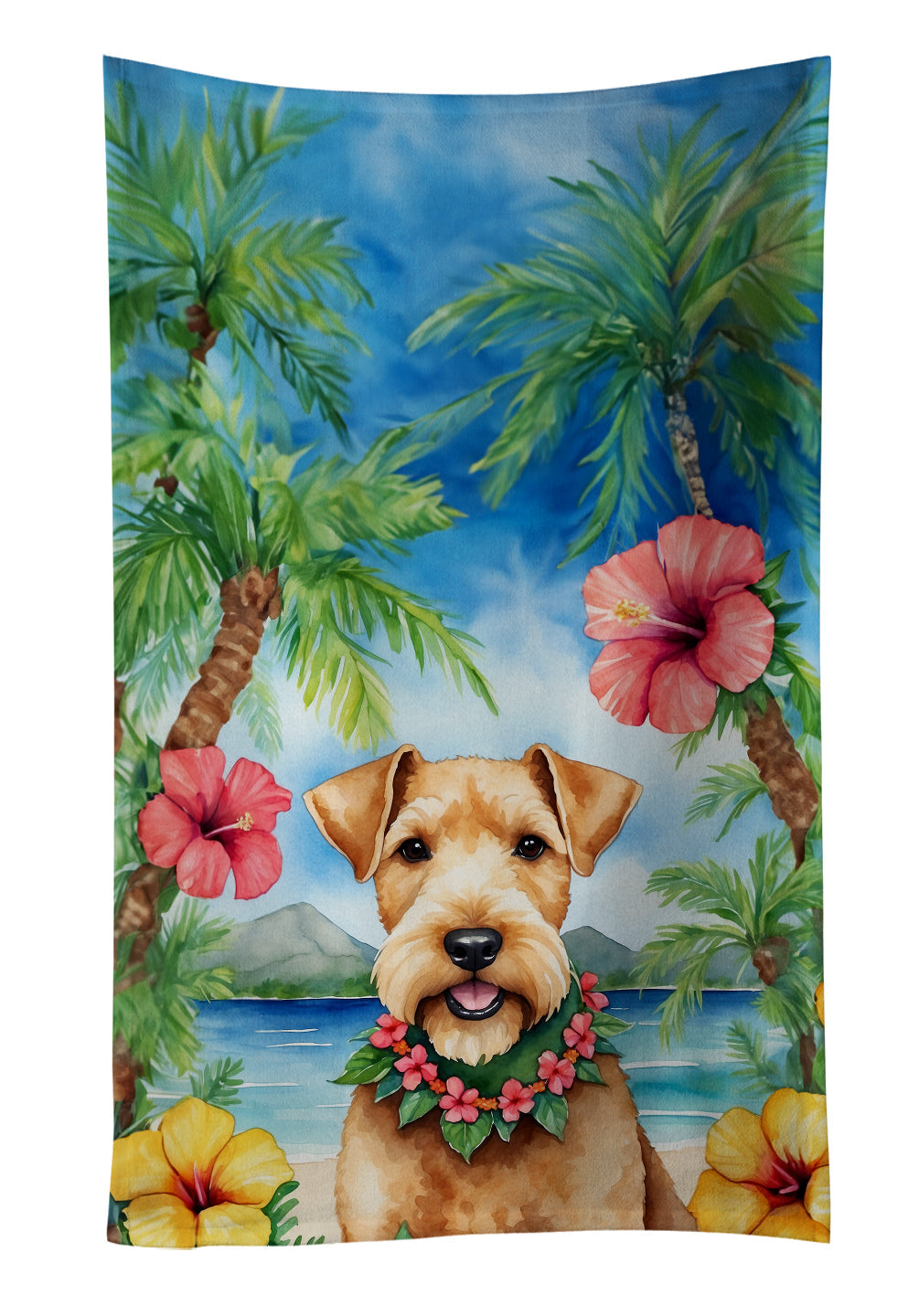 Lakeland Terrier Luau Kitchen Towel Velour Plush Front and Cotton Loop Back Machine Washable