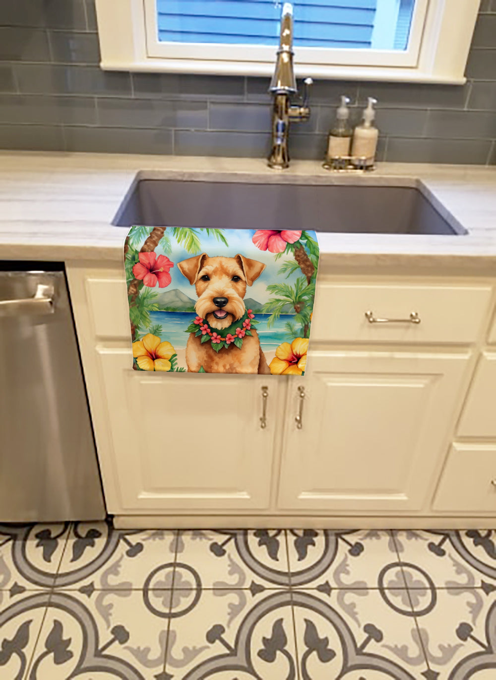 Lakeland Terrier Luau Kitchen Towel Velour Plush Front and Cotton Loop Back Machine Washable