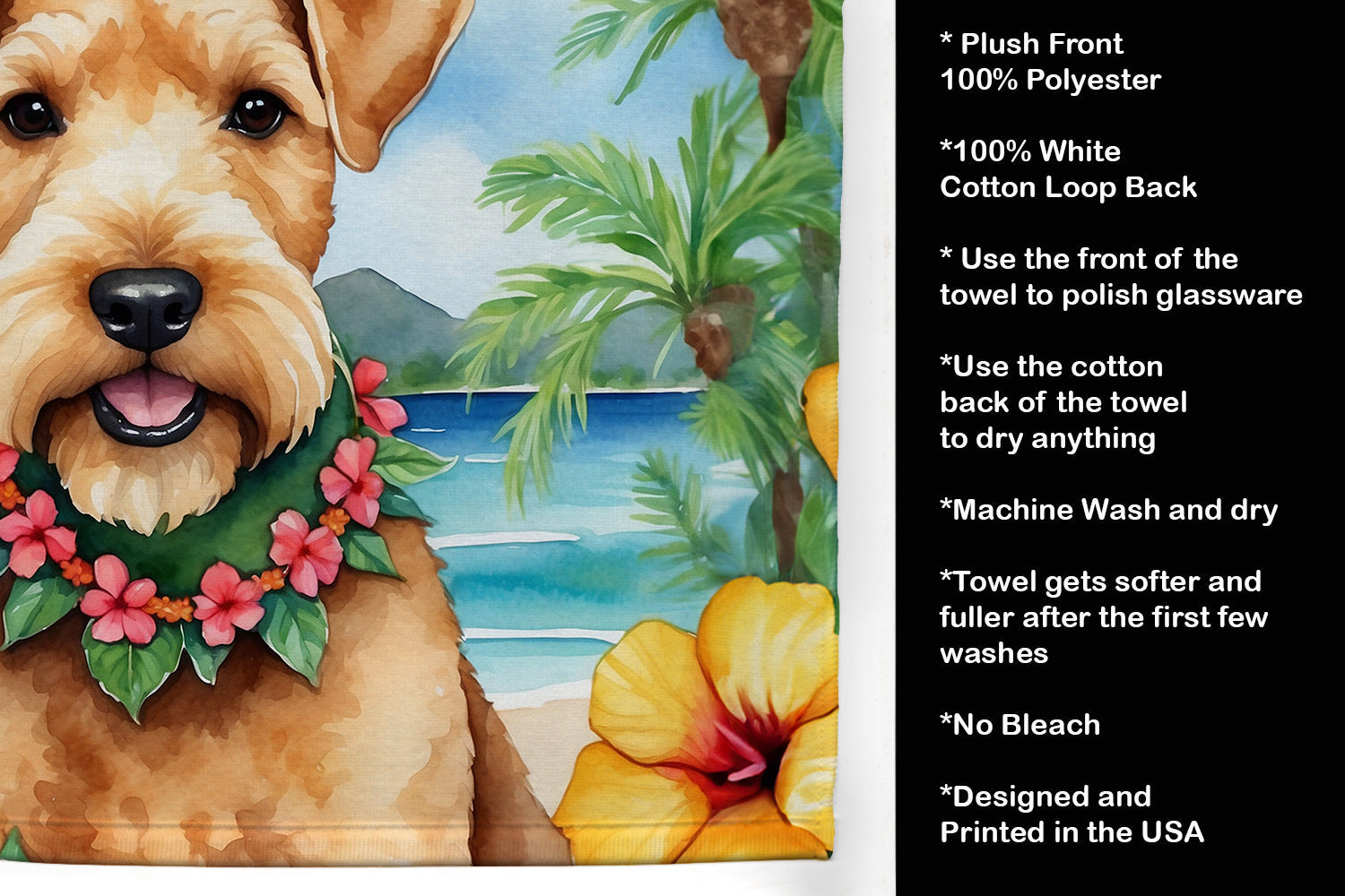 Lakeland Terrier Luau Kitchen Towel Velour Plush Front and Cotton Loop Back Machine Washable