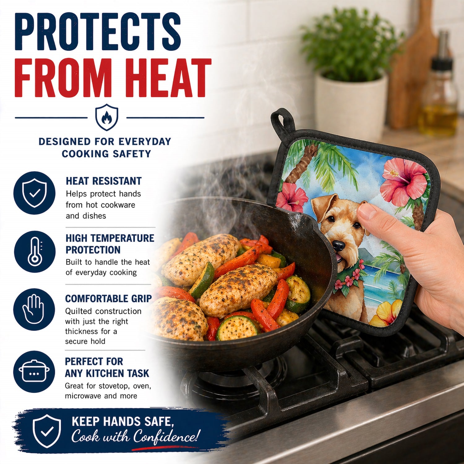 Lakeland Terrier Luau Pot Holder Set of 2 Heat Resistant Quilted Hot Pads 7.5 x 7.5 Inch, Insulated Kitchen Trivets for Cooking & Baking