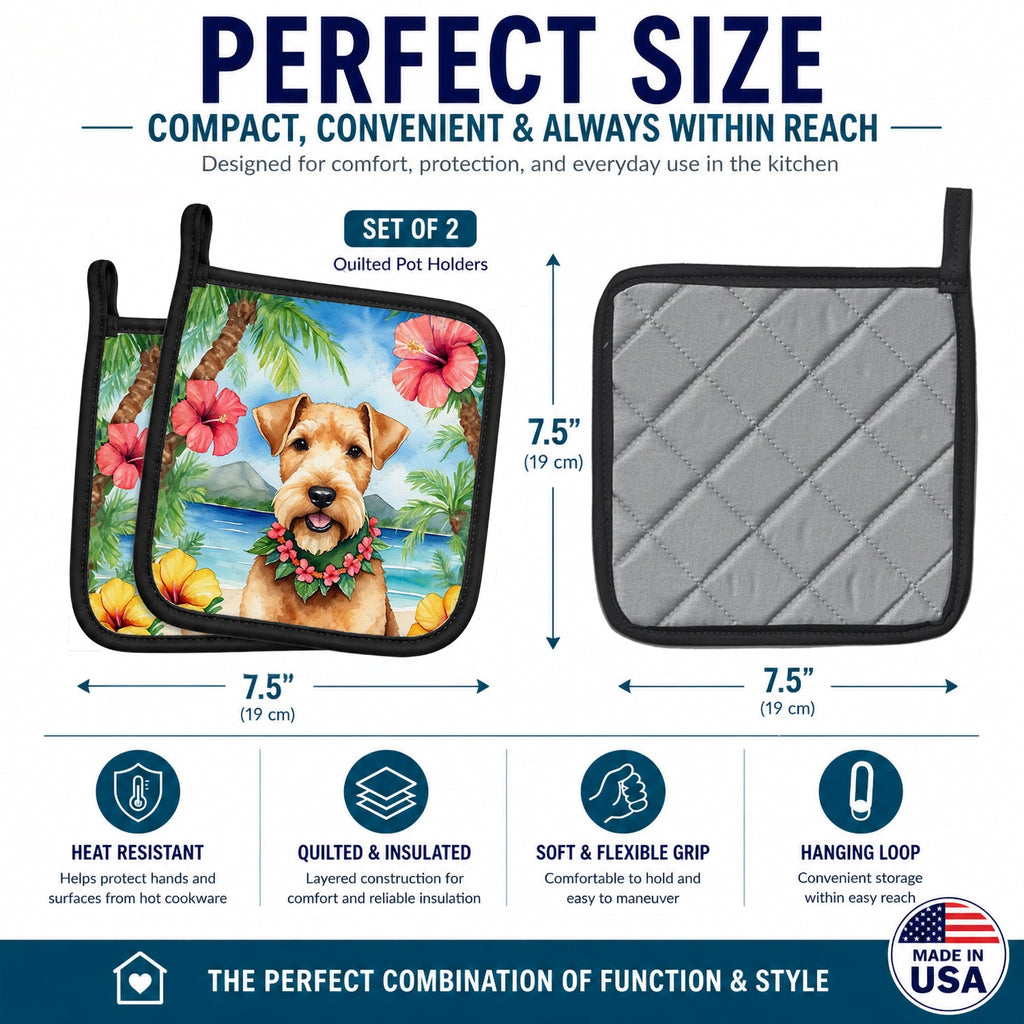 Lakeland Terrier Luau Pot Holder Set of 2 Heat Resistant Quilted Hot Pads 7.5 x 7.5 Inch, Insulated Kitchen Trivets for Cooking & Baking