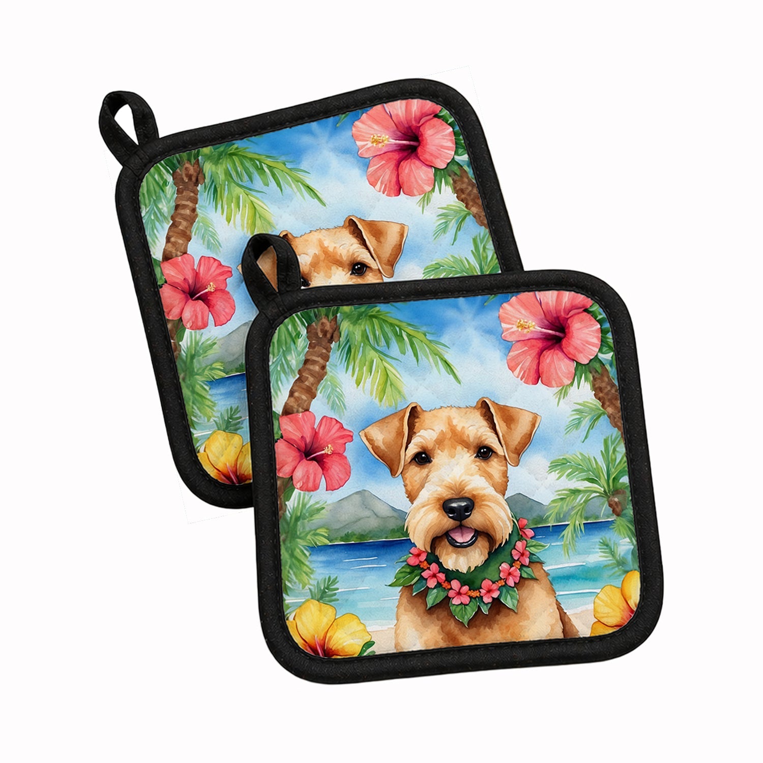 Lakeland Terrier Luau Pot Holder Set of 2 Heat Resistant Quilted Hot Pads 7.5 x 7.5 Inch, Insulated Kitchen Trivets for Cooking & Baking