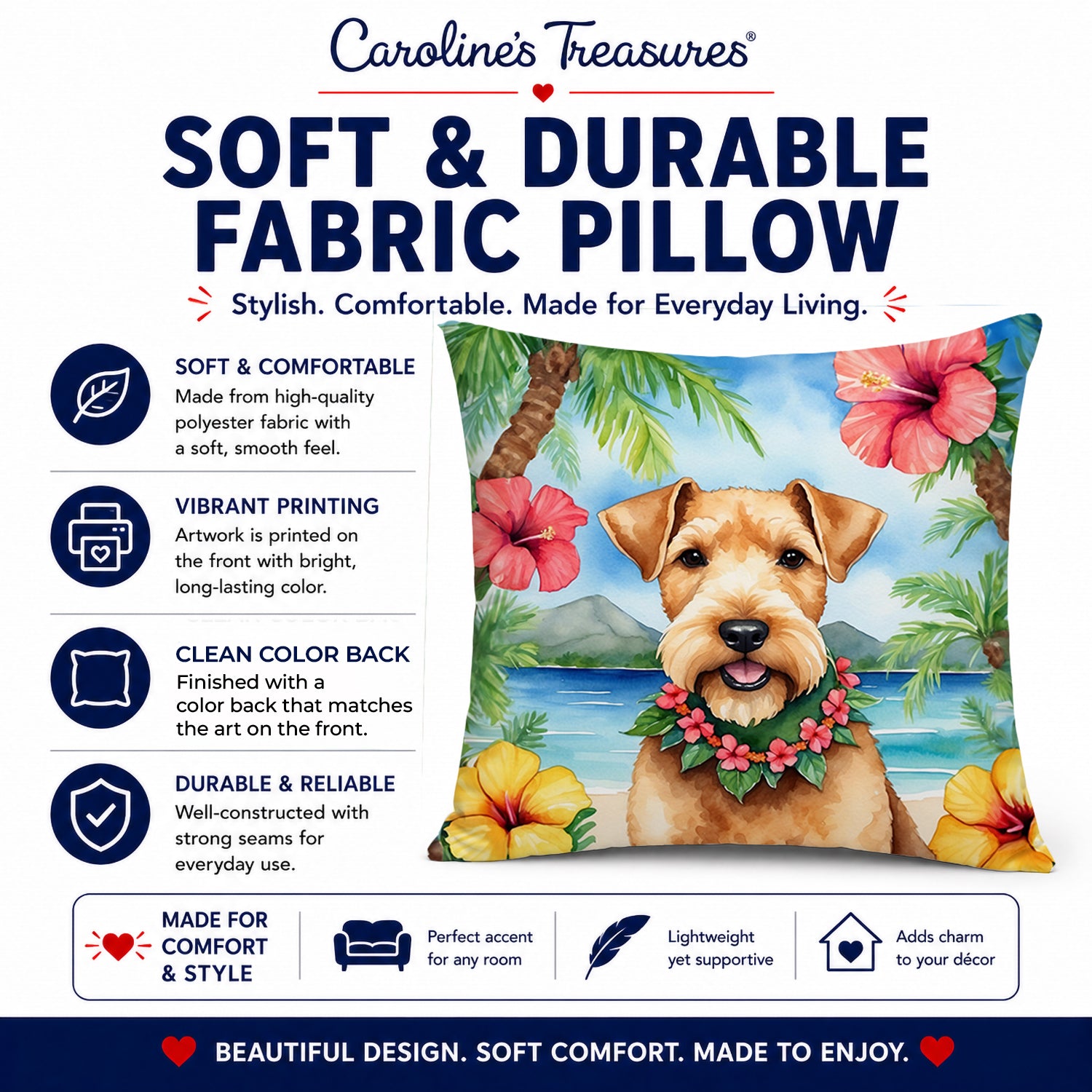 Lakeland Terrier Luau Decorative Throw Pillow 14x14 Indoor Outdoor Accent Cushion, Fabric Cover with Insert for Sofa, Bed, Porch & Living Room