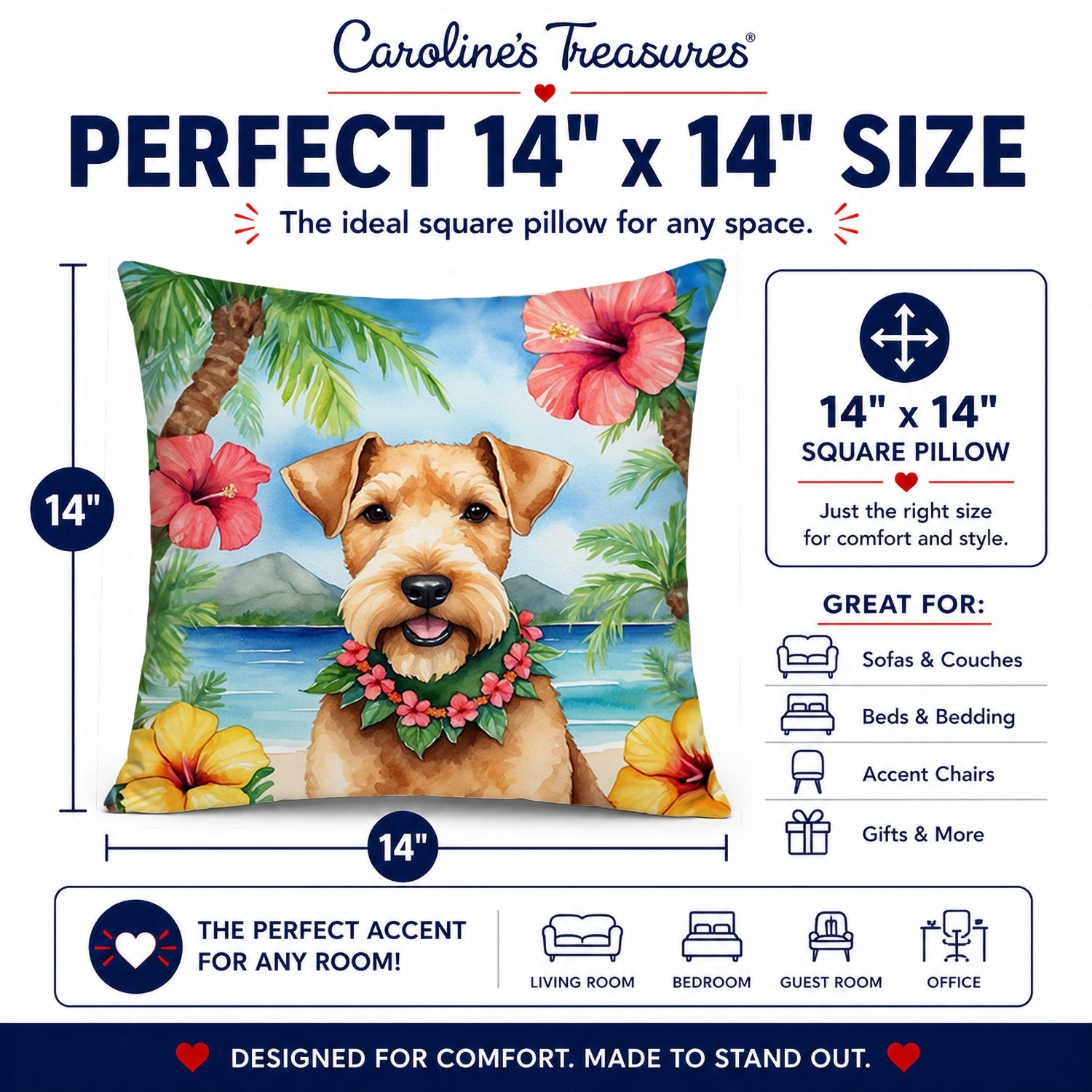 Lakeland Terrier Luau Decorative Throw Pillow 14x14 Indoor Outdoor Accent Cushion, Fabric Cover with Insert for Sofa, Bed, Porch & Living Room