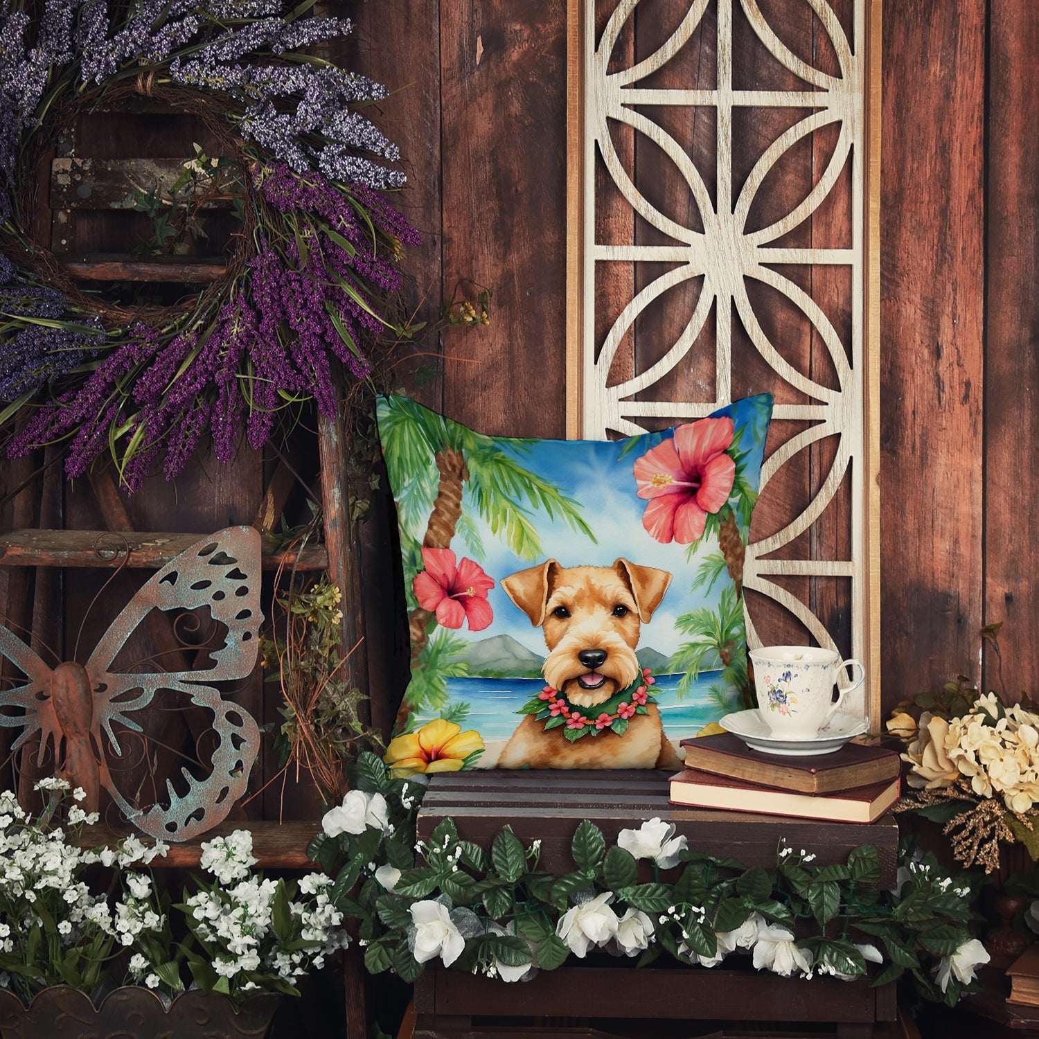 Lakeland Terrier Luau Decorative Throw Pillow 18x18 Indoor Outdoor Accent Cushion, Fabric Cover with Insert for Sofa, Bed, Porch & Living Room