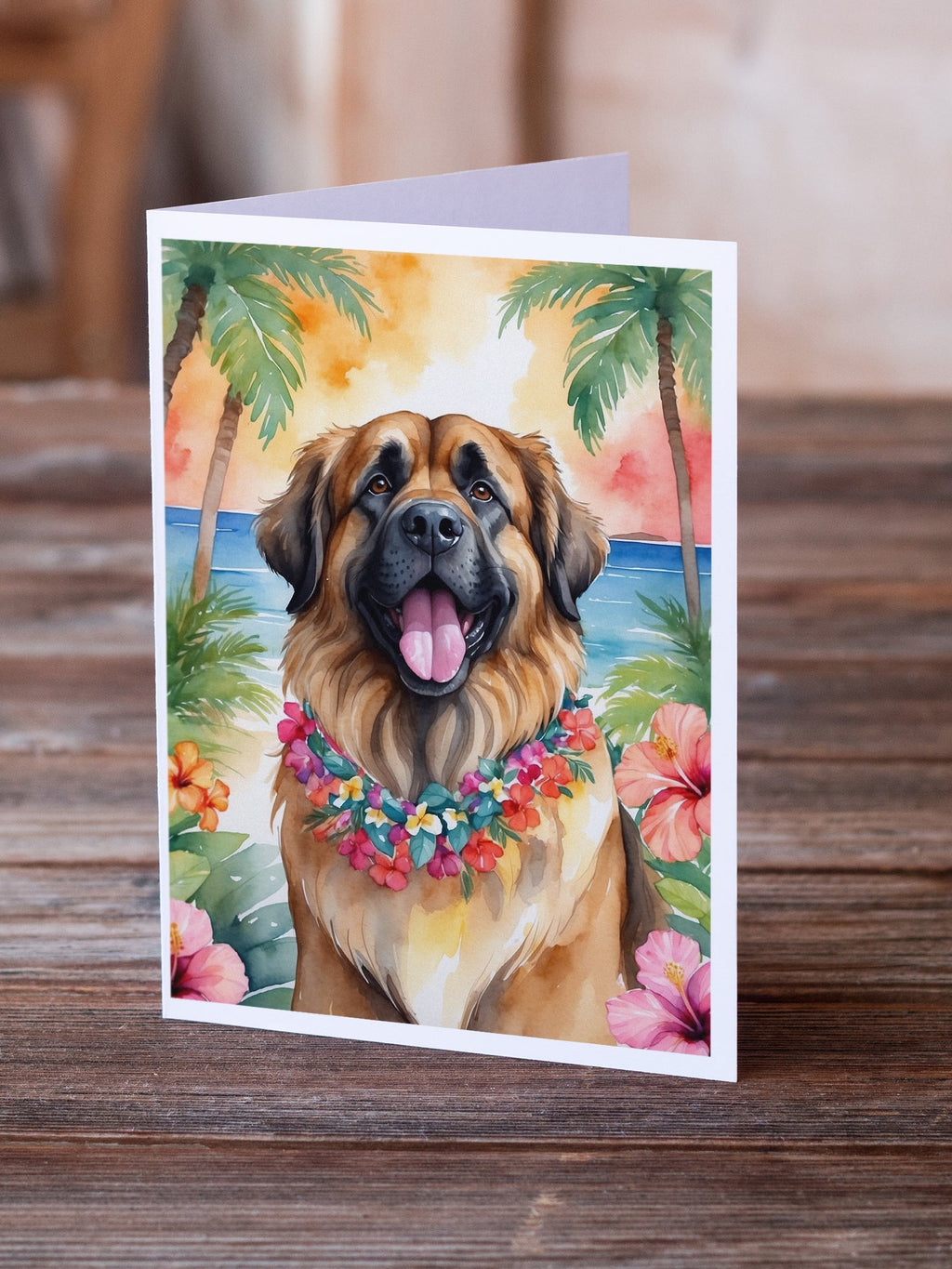 Leonberger Luau Greeting Cards Pack of 8 Blank Cards with Envelopes Whimsical A7 Size 5x7