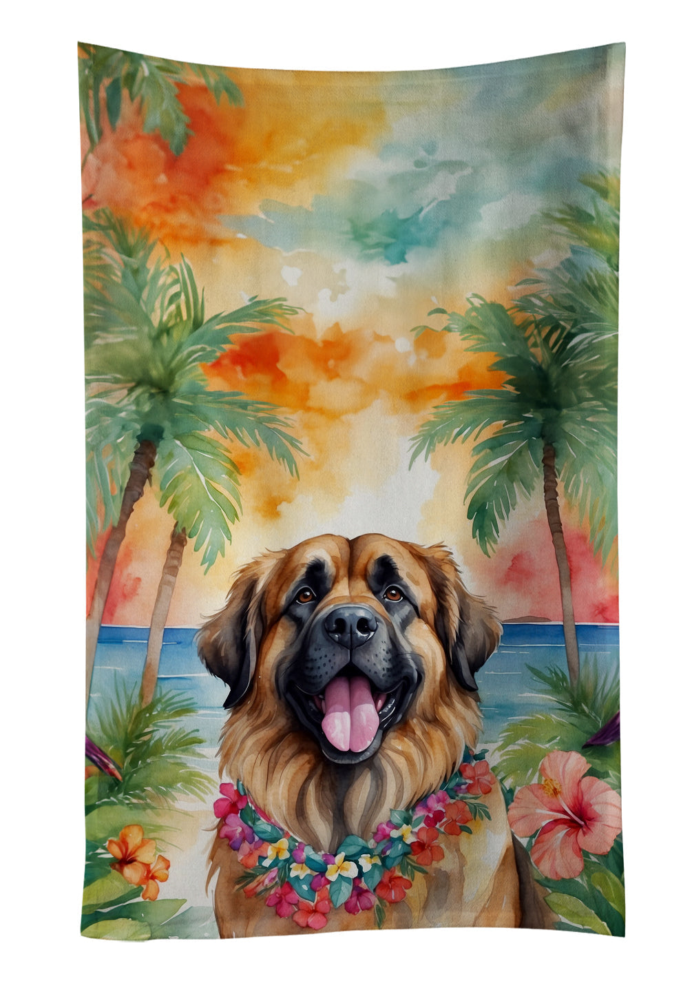 Leonberger Luau Kitchen Towel Velour Plush Front and Cotton Loop Back Machine Washable