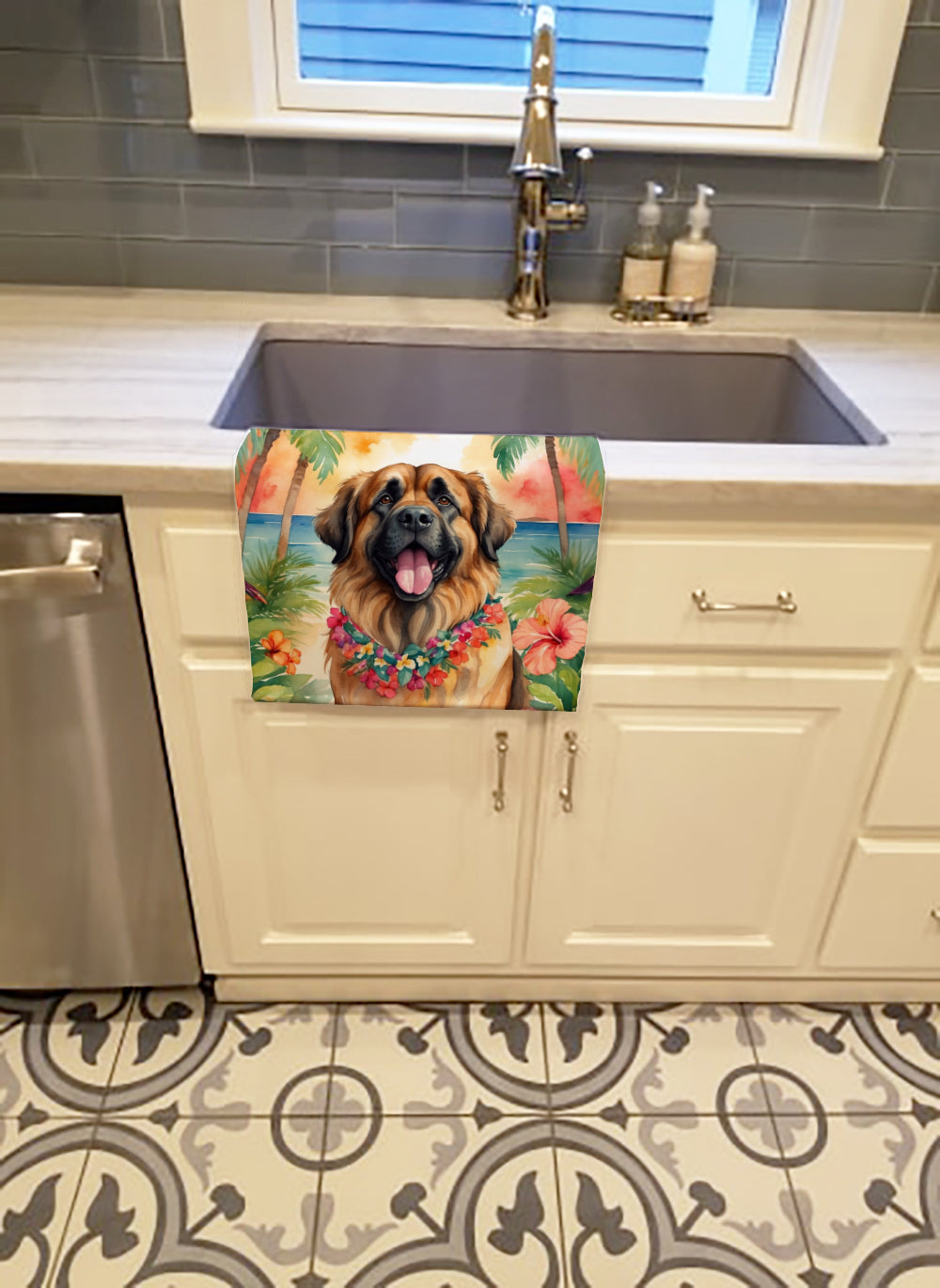 Leonberger Luau Kitchen Towel Velour Plush Front and Cotton Loop Back Machine Washable