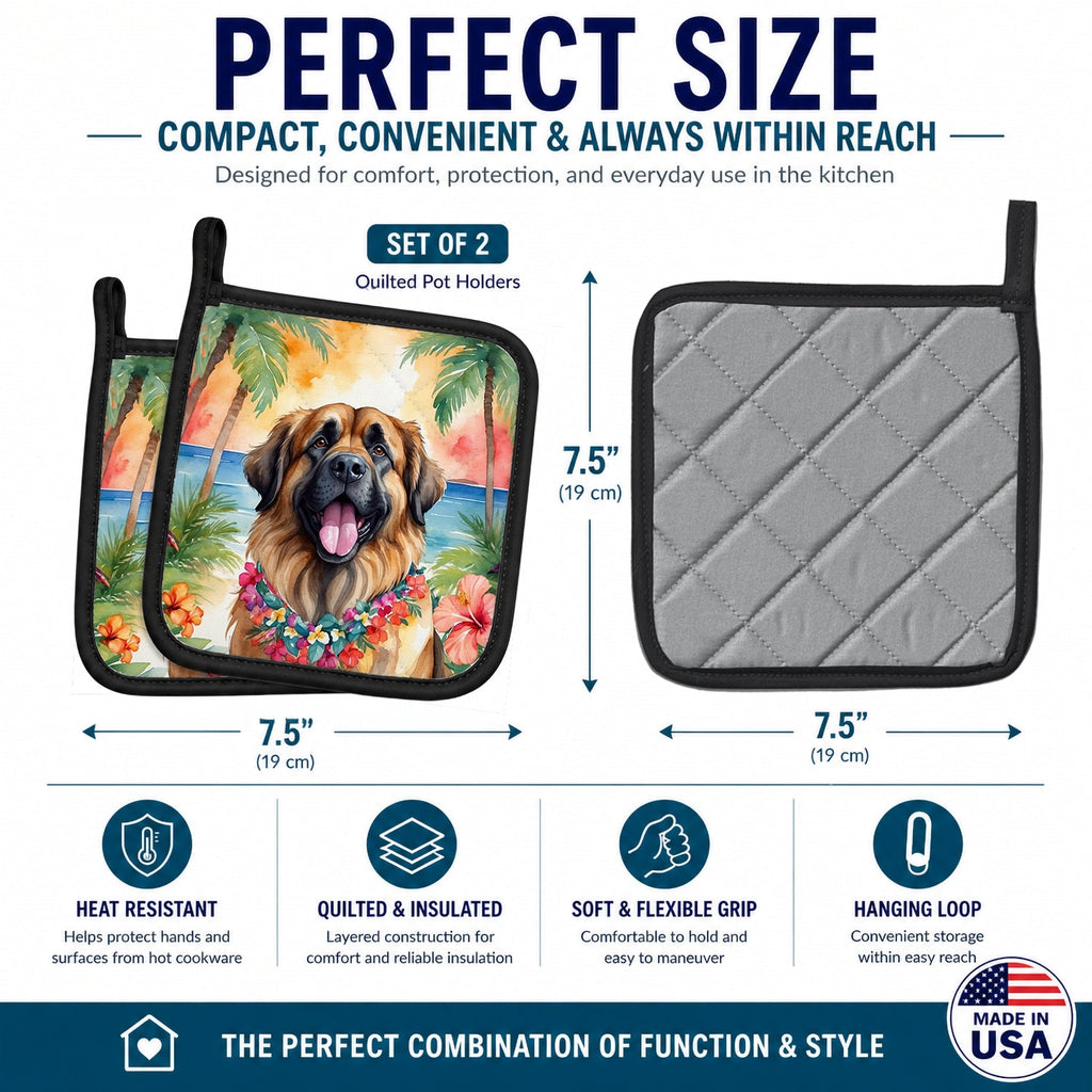 Leonberger Luau Pot Holder Set of 2 Heat Resistant Quilted Hot Pads 7.5 x 7.5 Inch, Insulated Kitchen Trivets for Cooking & Baking