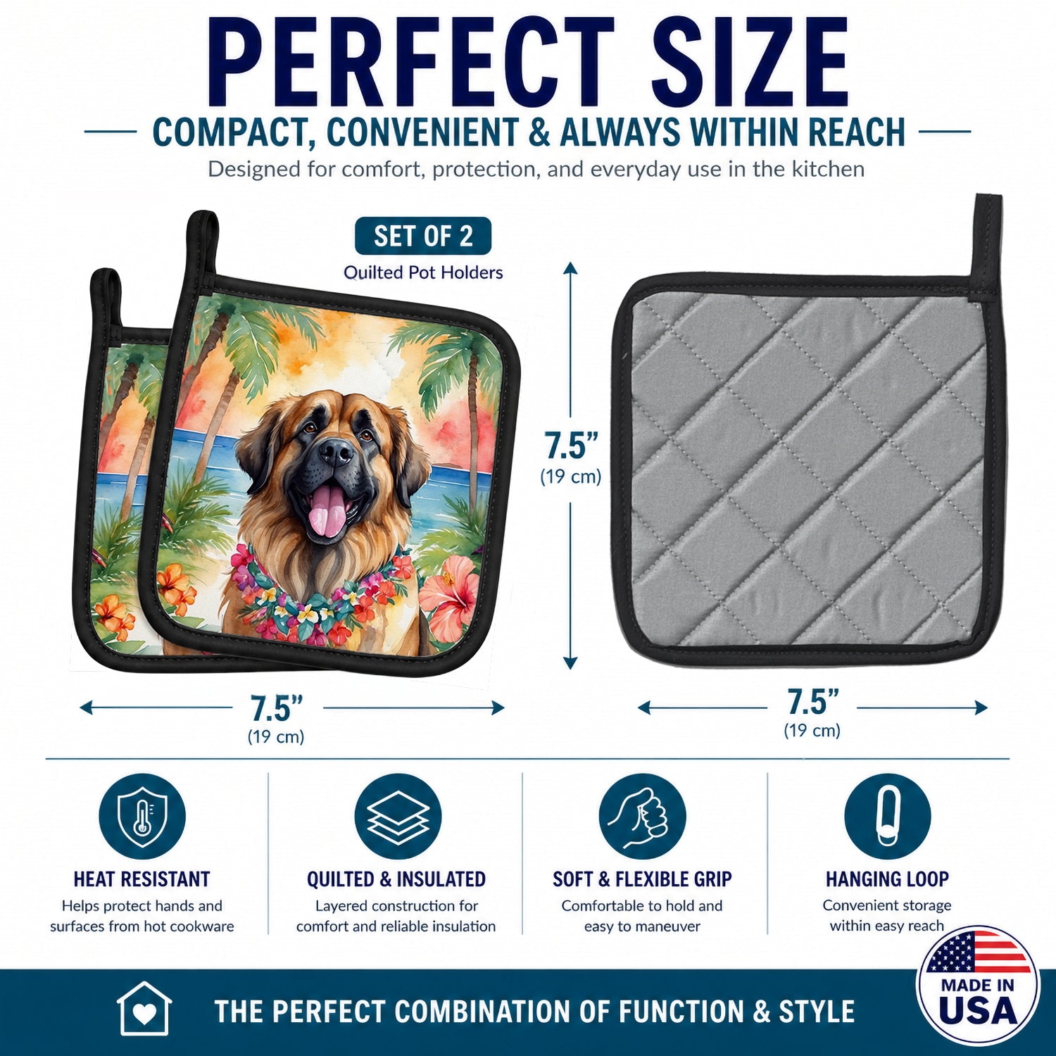 Leonberger Luau Pot Holder Set of 2 Heat Resistant Quilted Hot Pads 7.5 x 7.5 Inch, Insulated Kitchen Trivets for Cooking & Baking