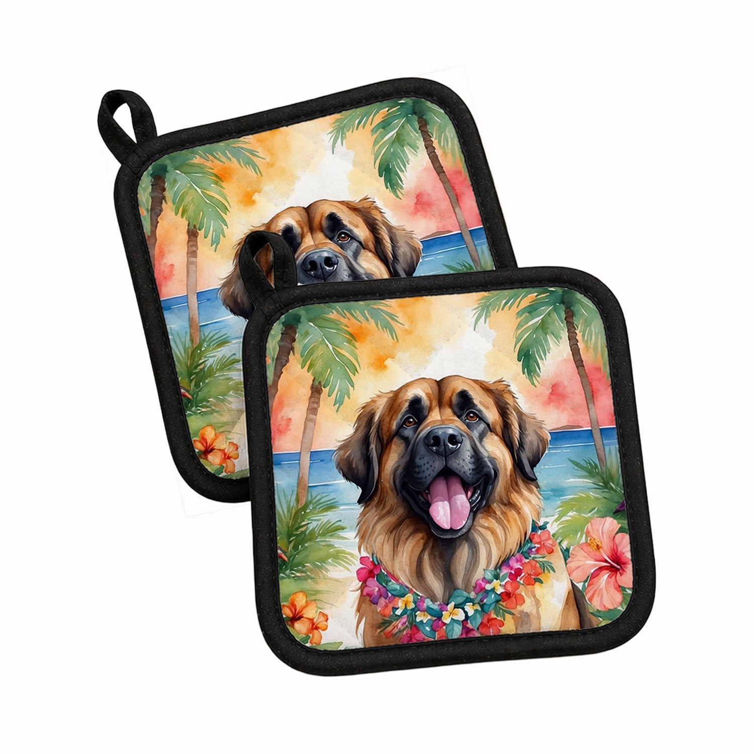 Leonberger Luau Pot Holder Set of 2 Heat Resistant Quilted Hot Pads 7.5 x 7.5 Inch, Insulated Kitchen Trivets for Cooking & Baking