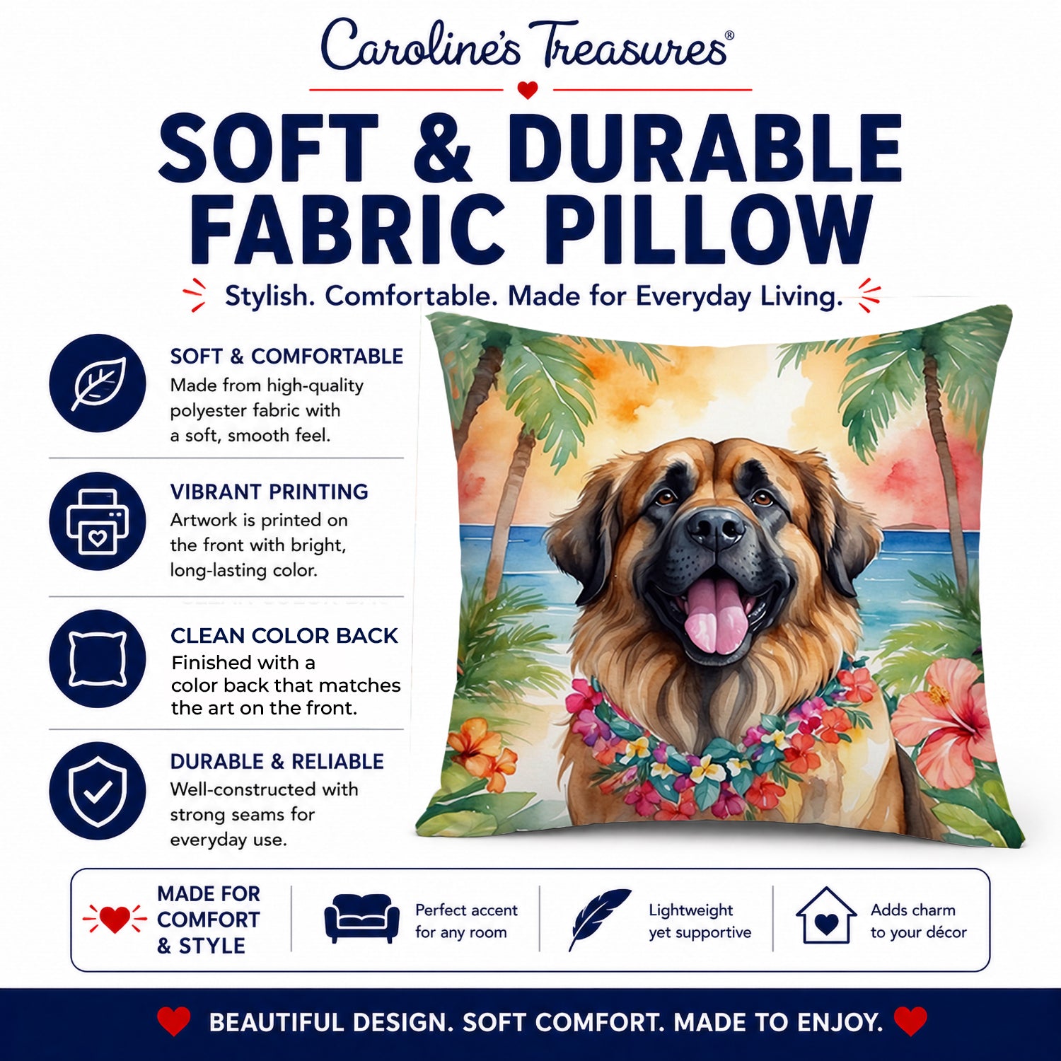 Leonberger Luau Decorative Throw Pillow 14x14 Indoor Outdoor Accent Cushion, Fabric Cover with Insert for Sofa, Bed, Porch & Living Room