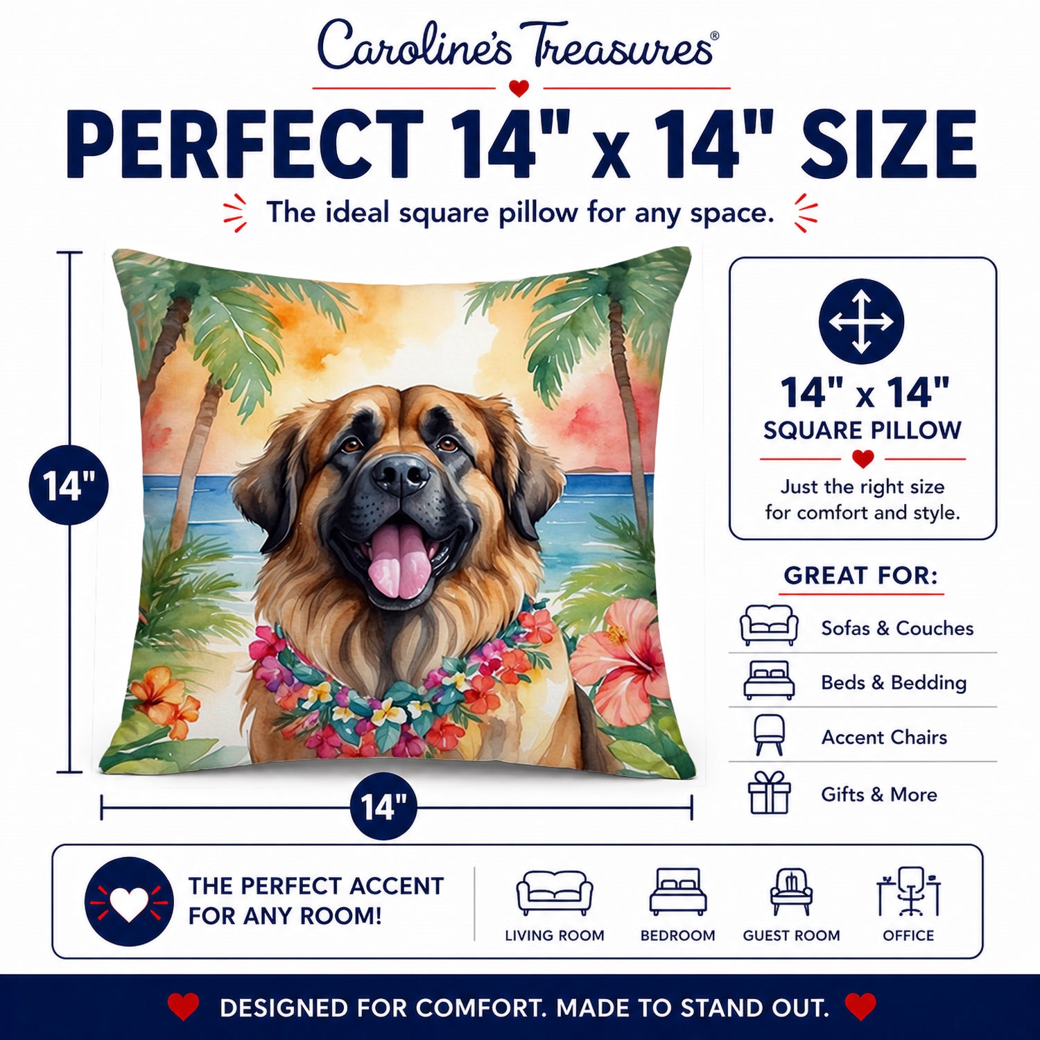 Leonberger Luau Decorative Throw Pillow 14x14 Indoor Outdoor Accent Cushion, Fabric Cover with Insert for Sofa, Bed, Porch & Living Room