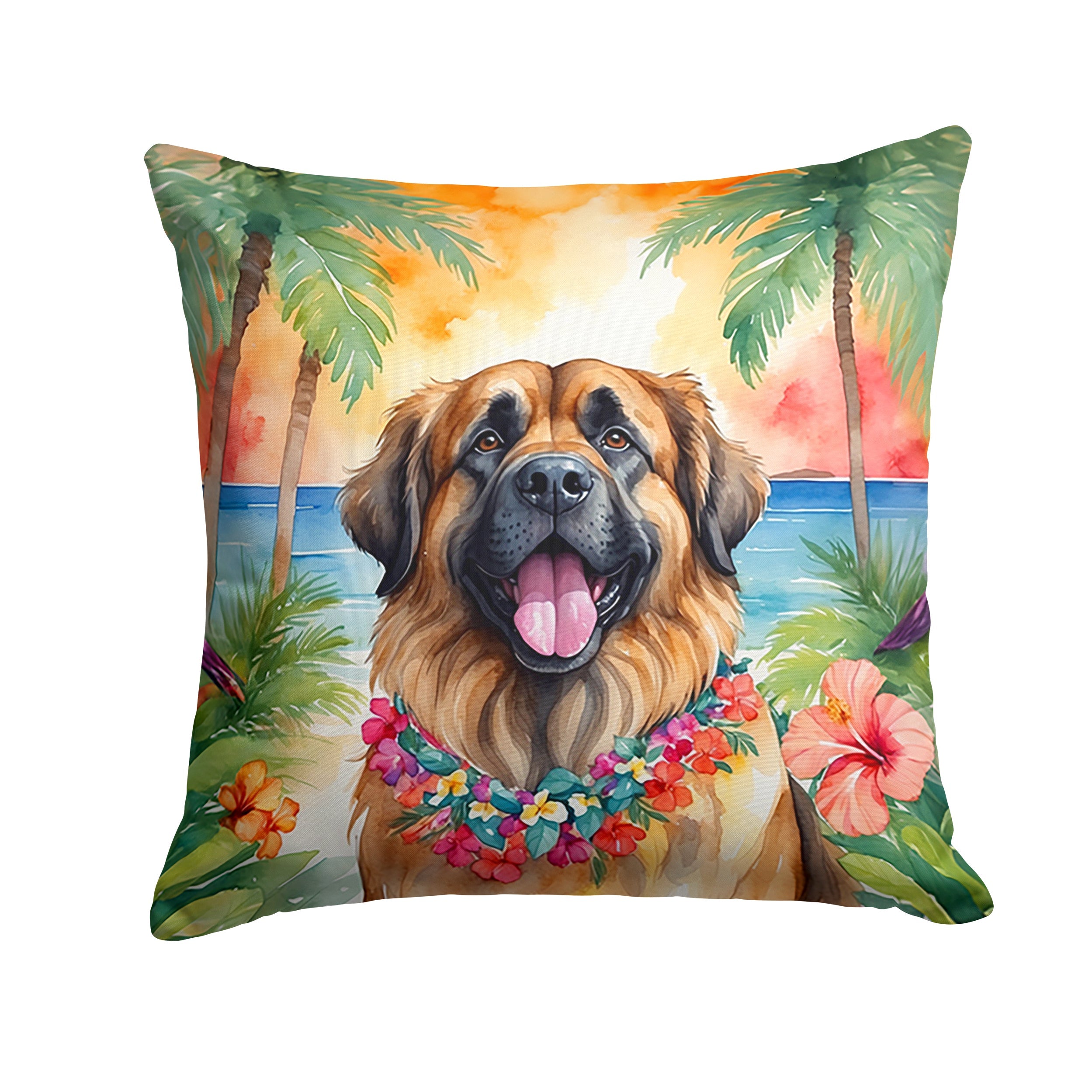 Leonberger Luau Decorative Throw Pillow 18x18 Indoor Outdoor Accent Cushion, Fabric Cover with Insert for Sofa, Bed, Porch & Living Room