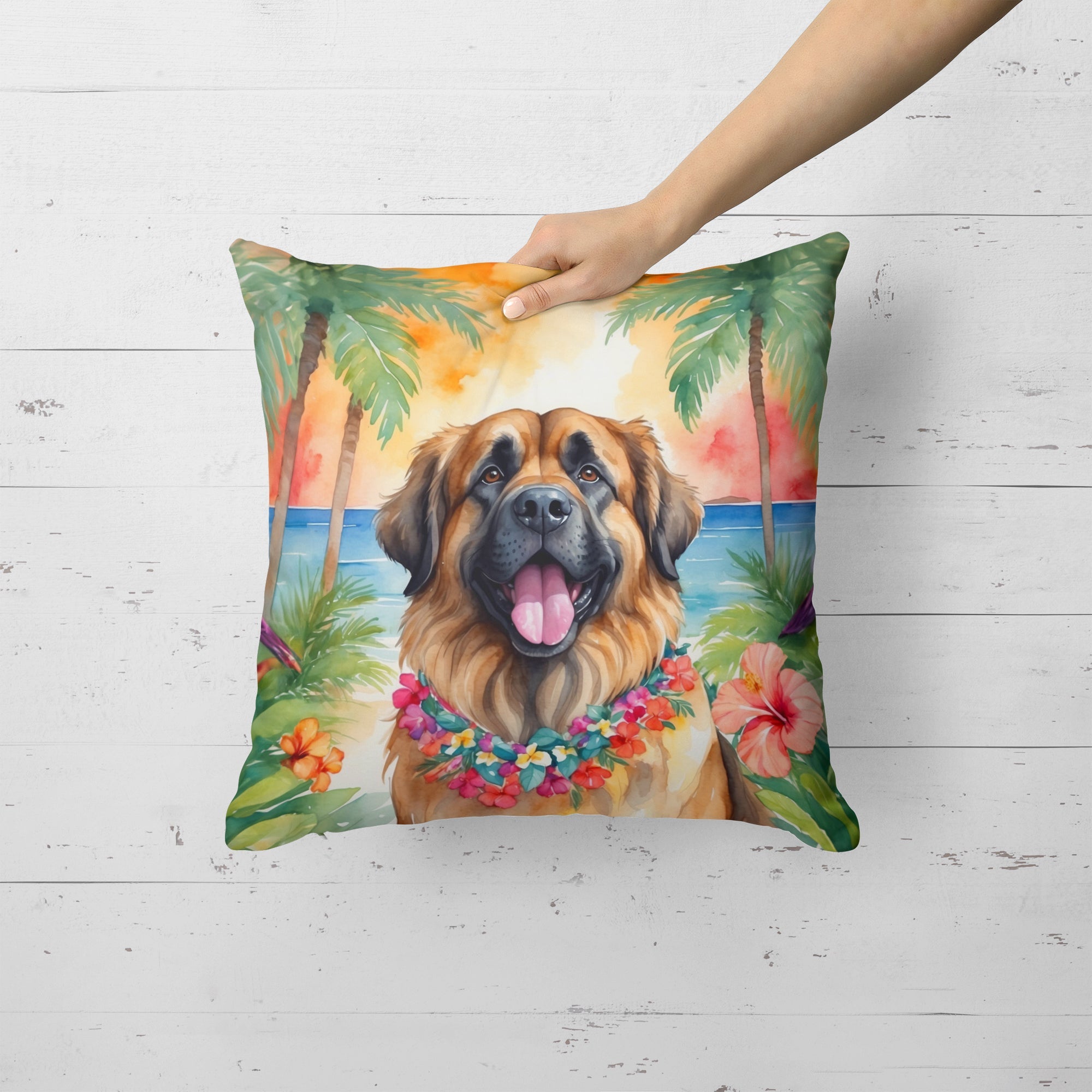 Leonberger Luau Decorative Throw Pillow 18x18 Indoor Outdoor Accent Cushion, Fabric Cover with Insert for Sofa, Bed, Porch & Living Room
