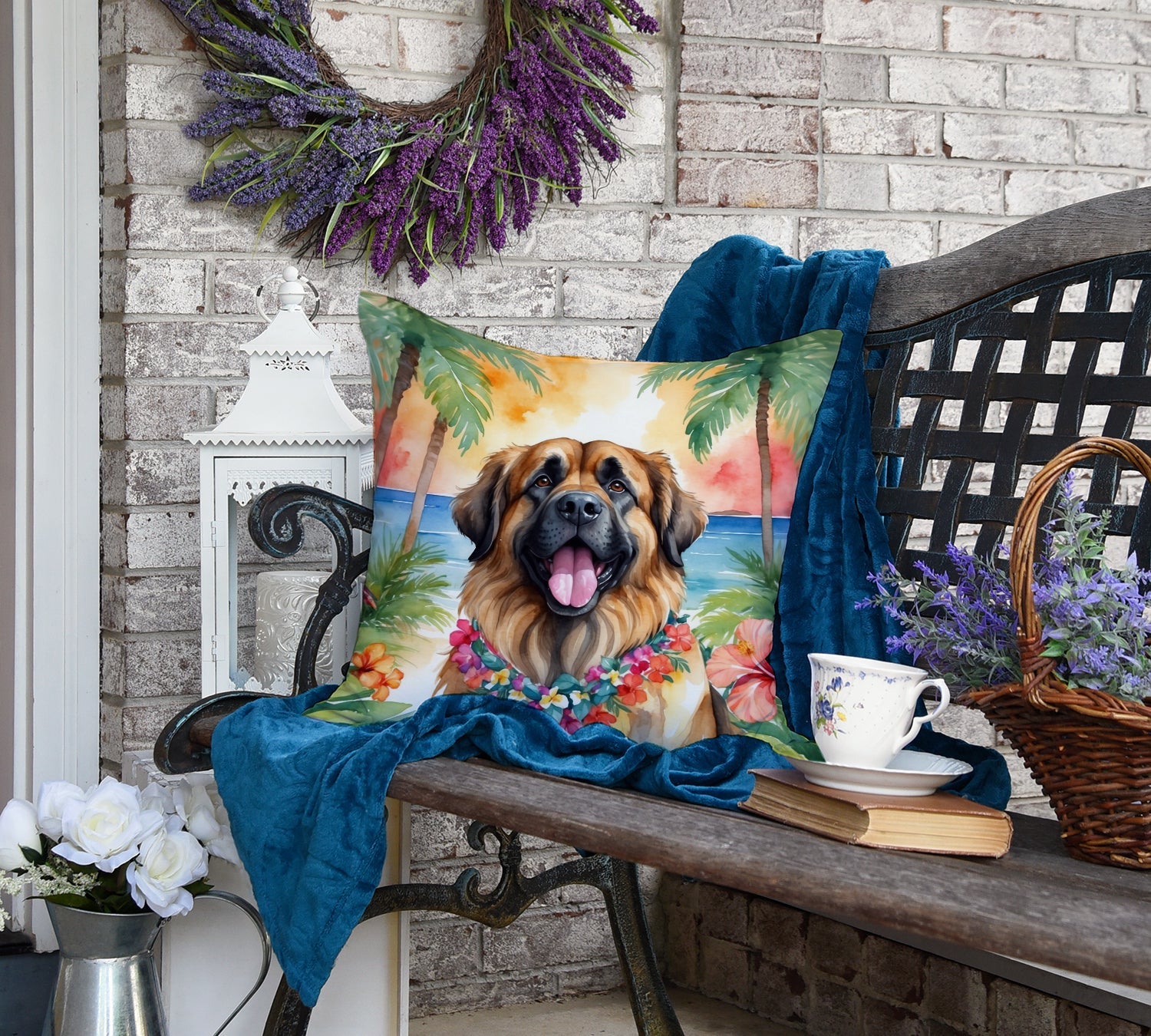 Leonberger Luau Decorative Throw Pillow 18x18 Indoor Outdoor Accent Cushion, Fabric Cover with Insert for Sofa, Bed, Porch & Living Room