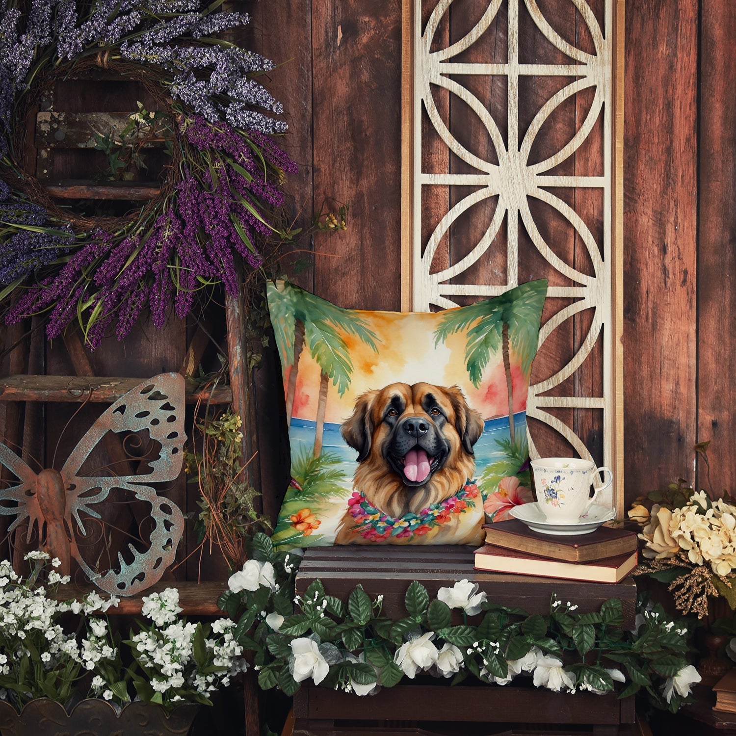 Leonberger Luau Decorative Throw Pillow 18x18 Indoor Outdoor Accent Cushion, Fabric Cover with Insert for Sofa, Bed, Porch & Living Room