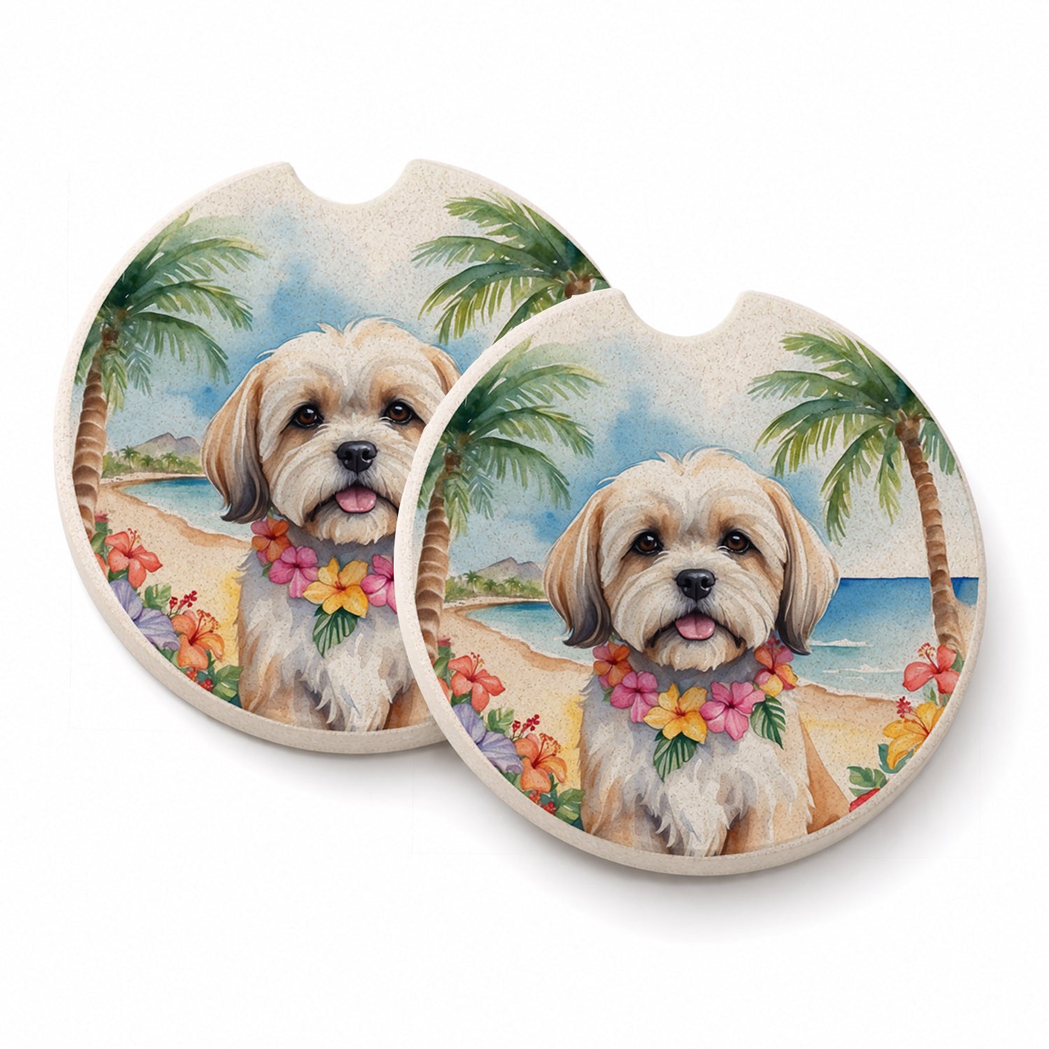 Lhasa Apso Luau Set of 2 Cup Holder Car Coasters Absorbent Round Sandstone Coasters Gifts for Men or Women, 2.5, Multicolor