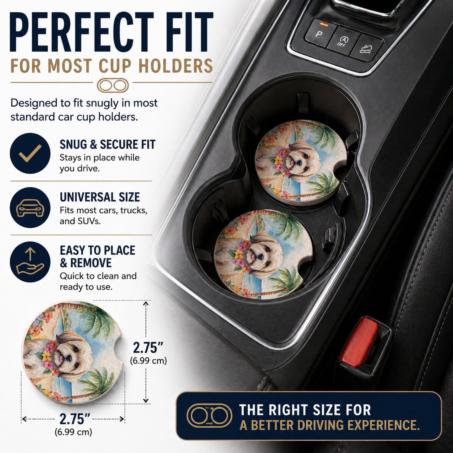 Lhasa Apso Luau Set of 2 Cup Holder Car Coasters Absorbent Round Sandstone Coasters Gifts for Men or Women, 2.5, Multicolor