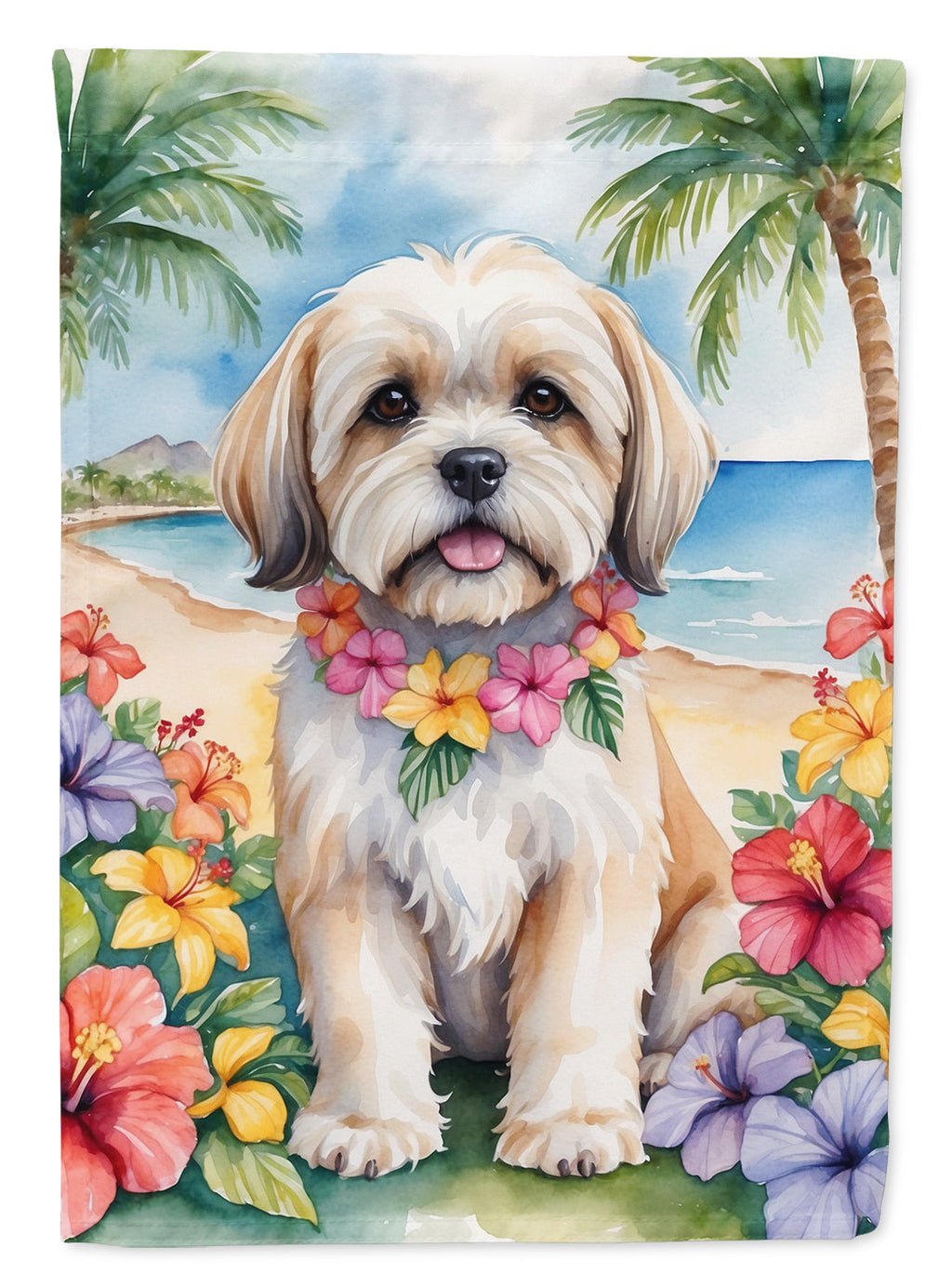 Lhasa Apso Luau House Flag 28x40 Porch Sleeve Pole Decorative Outside Yard Banner Artwork Wall Hanging, Polyester