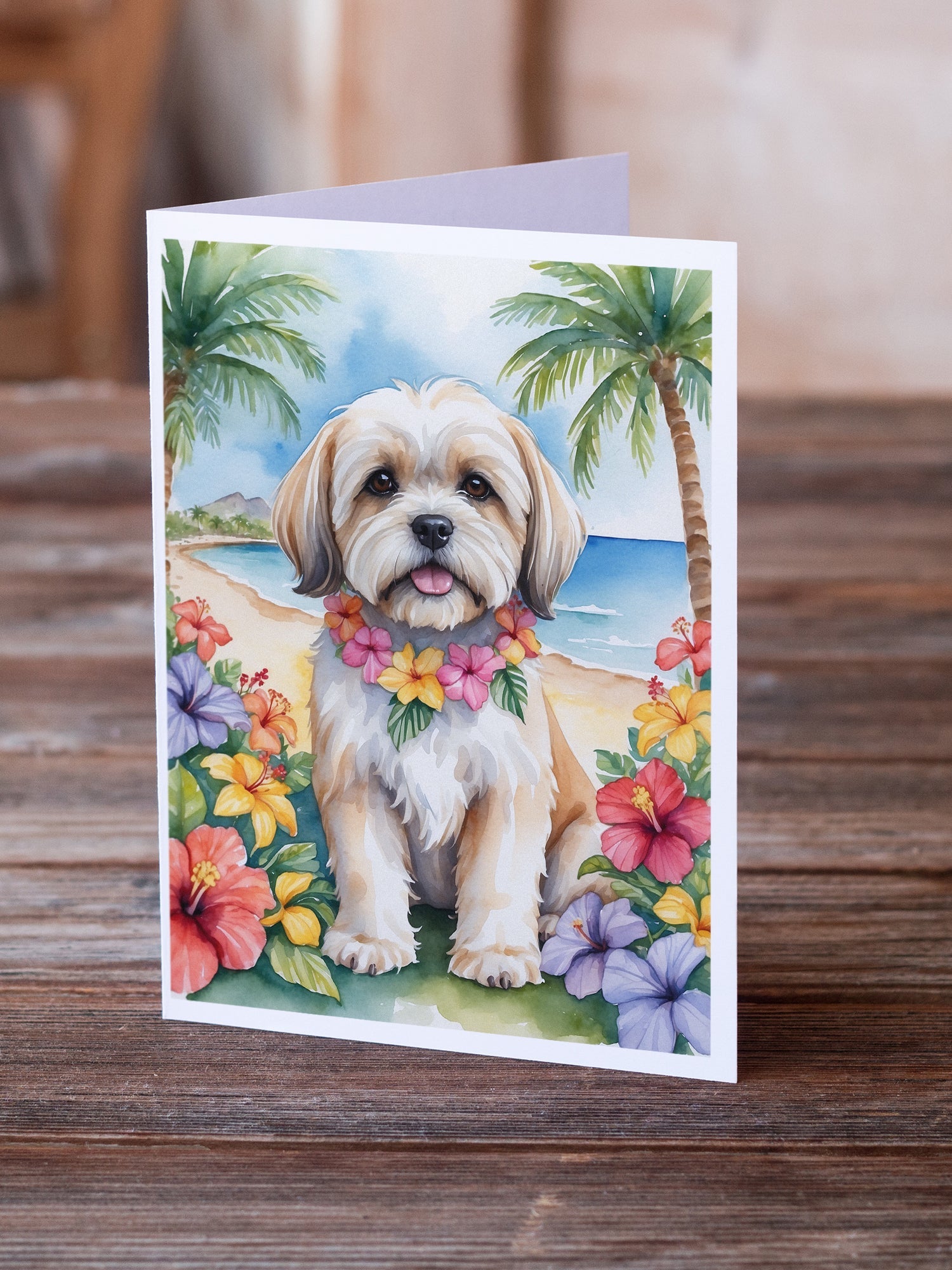 Lhasa Apso Luau Greeting Cards Pack of 8 Blank Cards with Envelopes Whimsical A7 Size 5x7