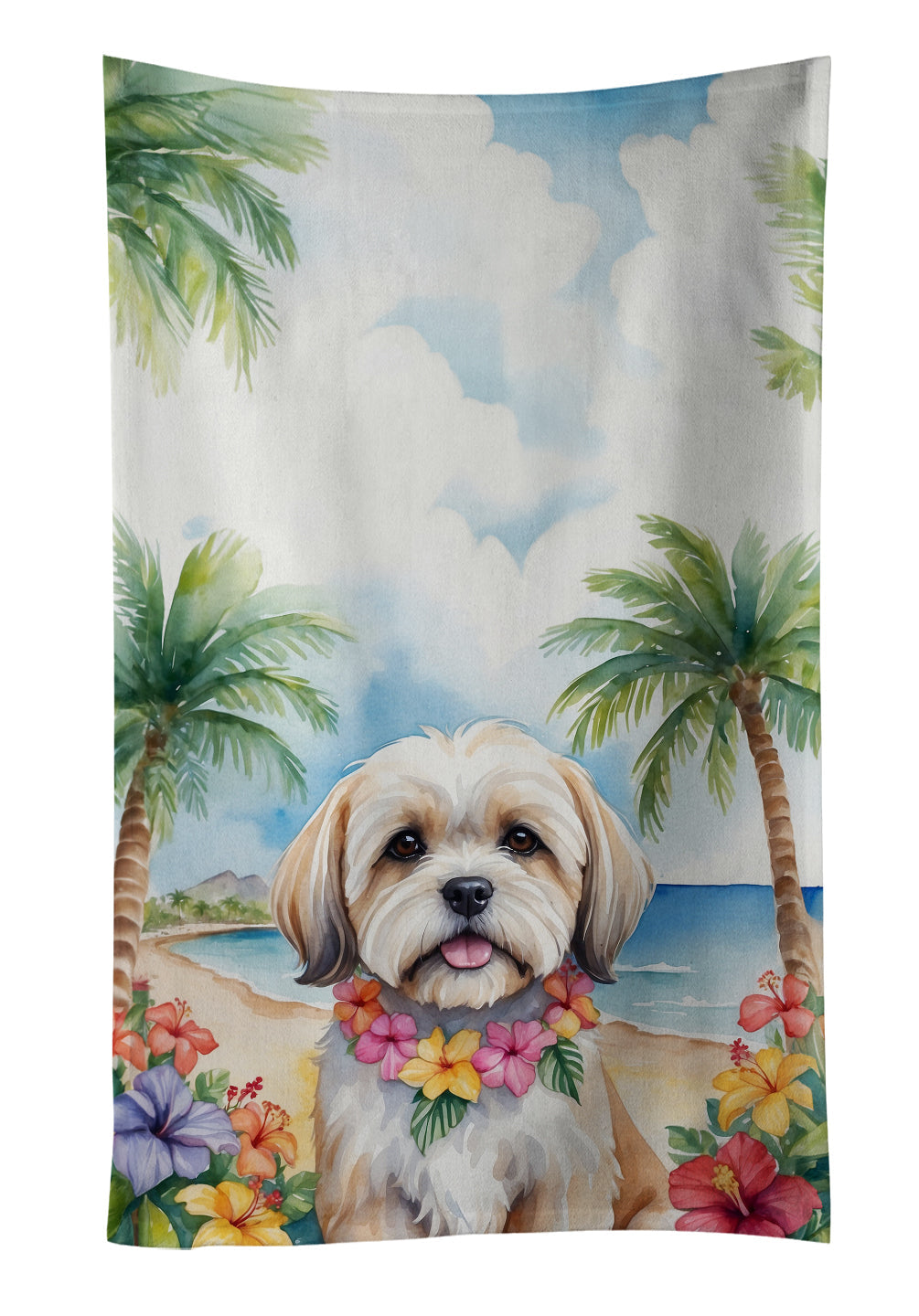 Lhasa Apso Luau Kitchen Towel Velour Plush Front and Cotton Loop Back Machine Washable