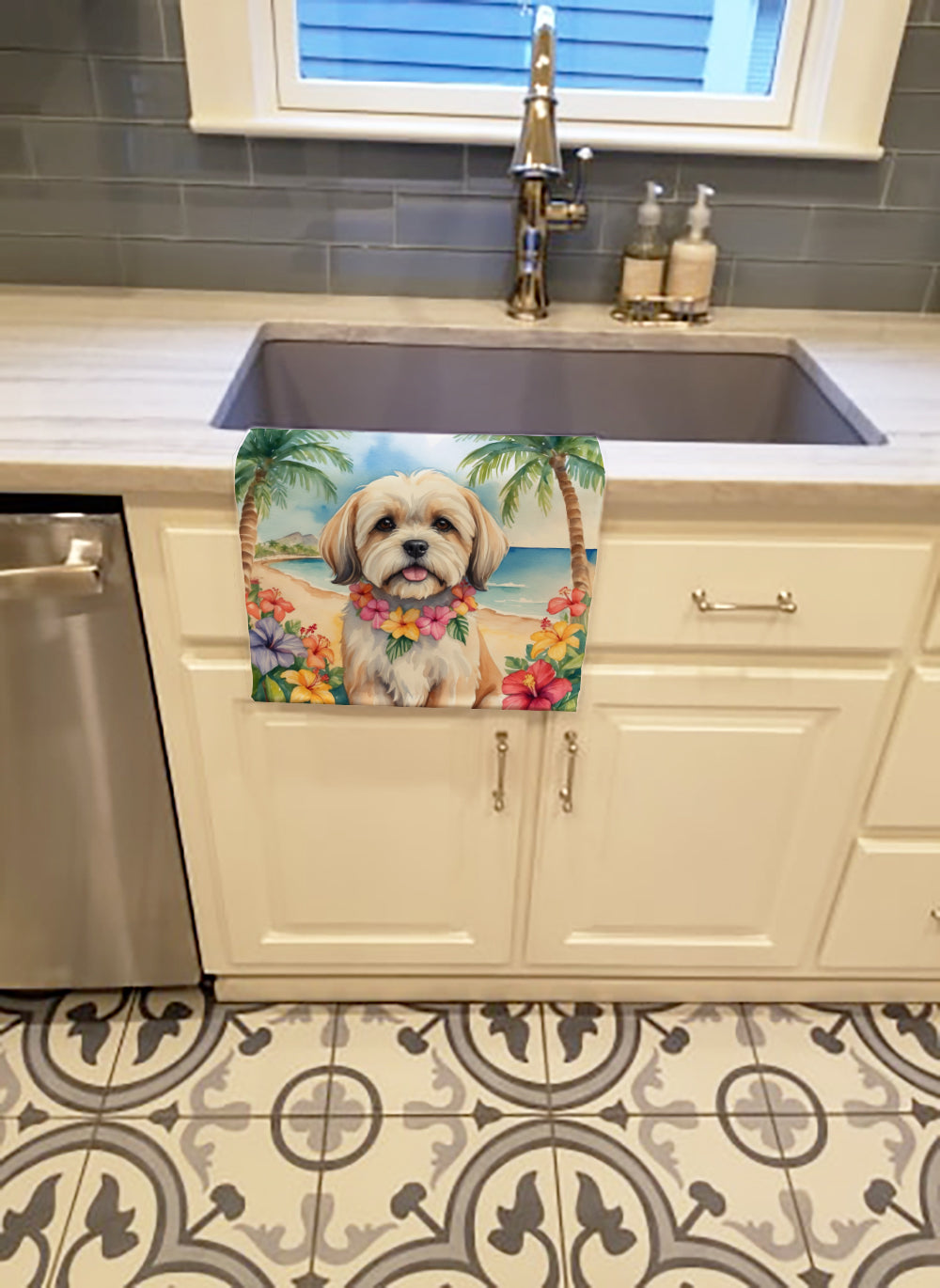 Lhasa Apso Luau Kitchen Towel Velour Plush Front and Cotton Loop Back Machine Washable