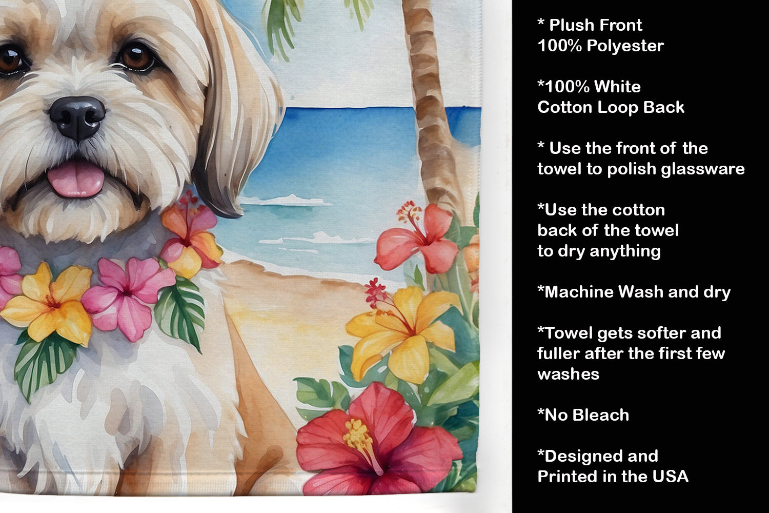 Lhasa Apso Luau Kitchen Towel Velour Plush Front and Cotton Loop Back Machine Washable