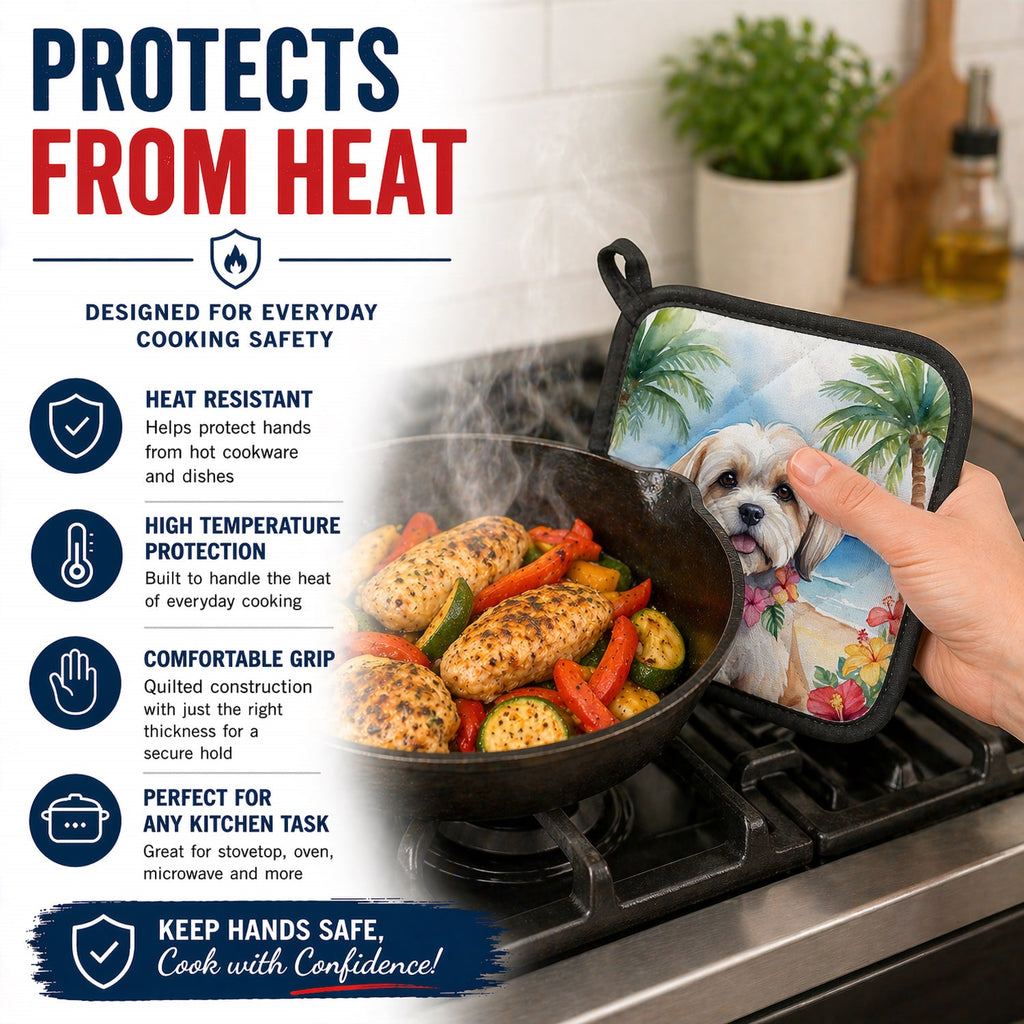 Lhasa Apso Luau Pot Holder Set of 2 Heat Resistant Quilted Hot Pads 7.5 x 7.5 Inch, Insulated Kitchen Trivets for Cooking & Baking