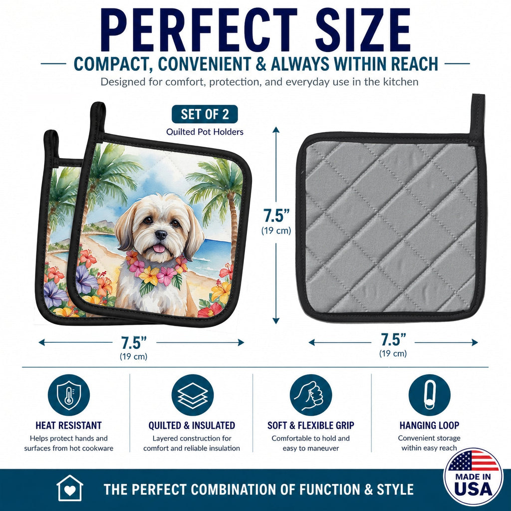 Lhasa Apso Luau Pot Holder Set of 2 Heat Resistant Quilted Hot Pads 7.5 x 7.5 Inch, Insulated Kitchen Trivets for Cooking & Baking