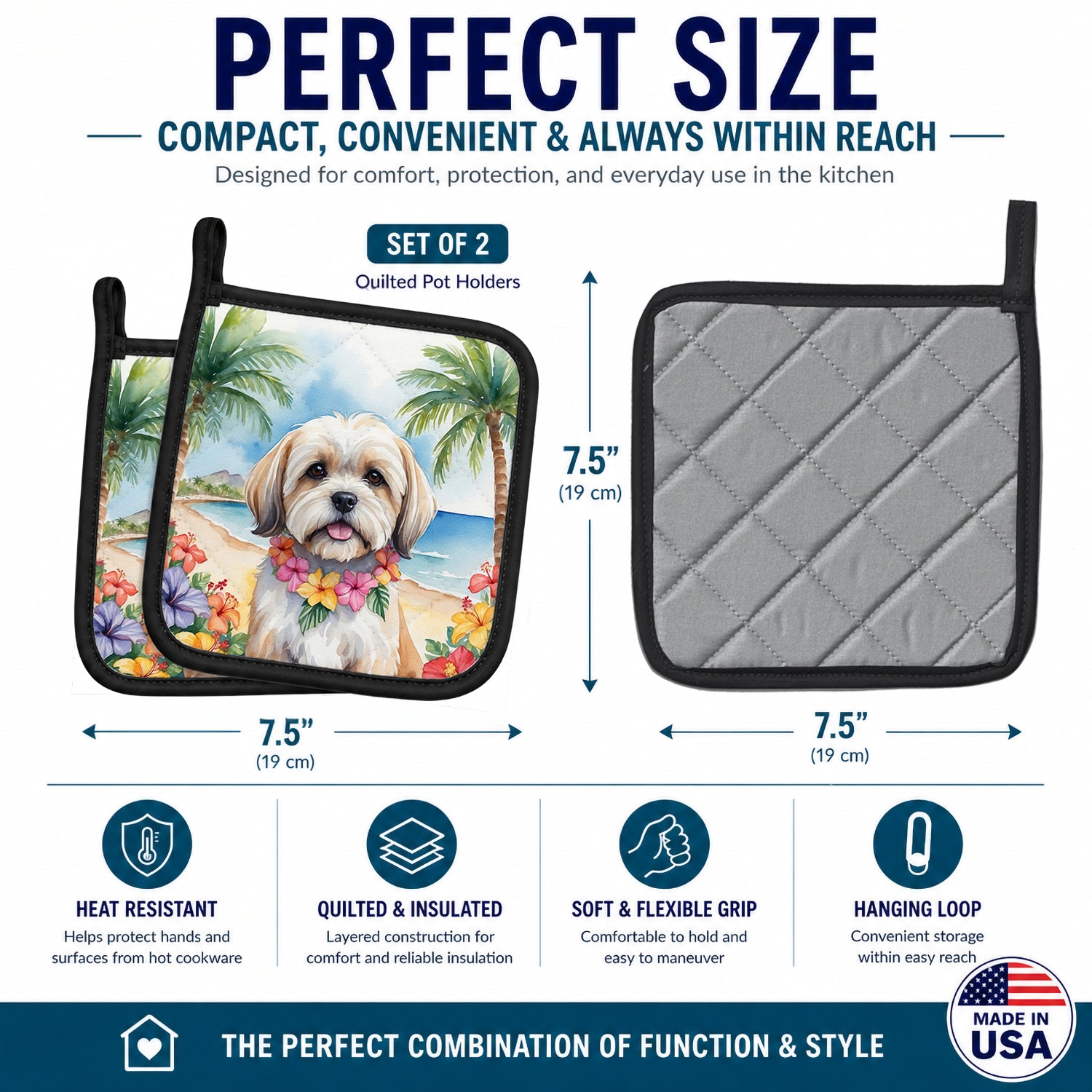 Lhasa Apso Luau Pot Holder Set of 2 Heat Resistant Quilted Hot Pads 7.5 x 7.5 Inch, Insulated Kitchen Trivets for Cooking & Baking