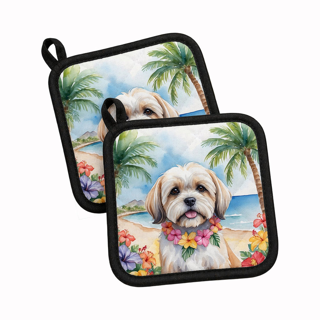 Lhasa Apso Luau Pot Holder Set of 2 Heat Resistant Quilted Hot Pads 7.5 x 7.5 Inch, Insulated Kitchen Trivets for Cooking & Baking