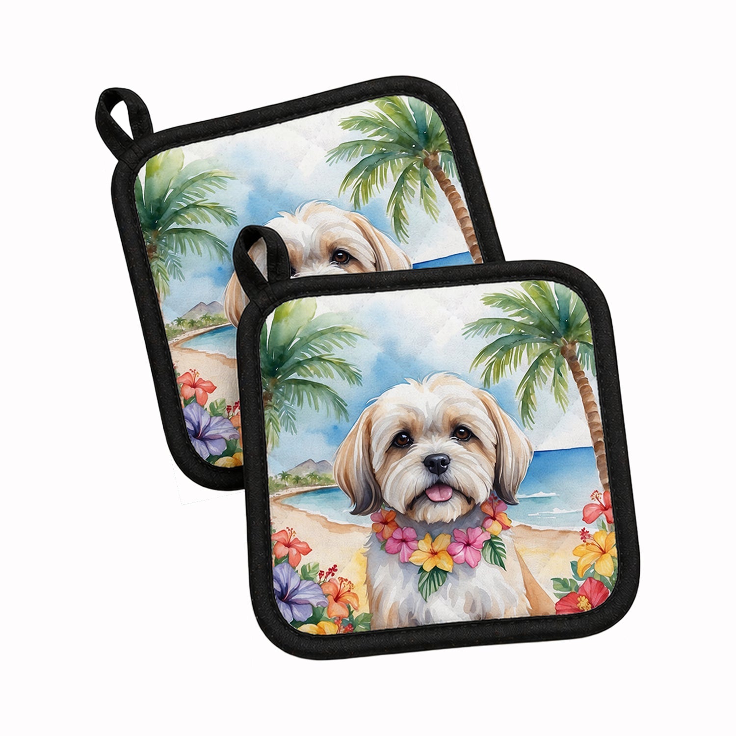 Lhasa Apso Luau Pot Holder Set of 2 Heat Resistant Quilted Hot Pads 7.5 x 7.5 Inch, Insulated Kitchen Trivets for Cooking & Baking