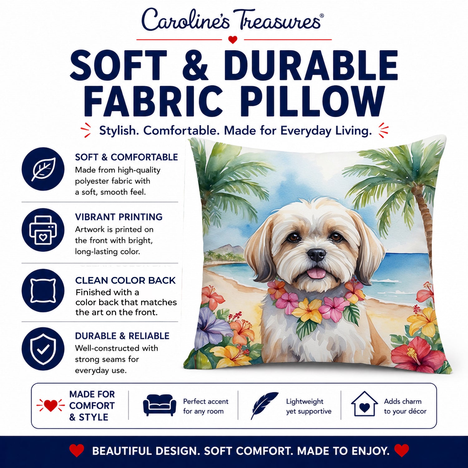 Lhasa Apso Luau Decorative Throw Pillow 14x14 Indoor Outdoor Accent Cushion, Fabric Cover with Insert for Sofa, Bed, Porch & Living Room