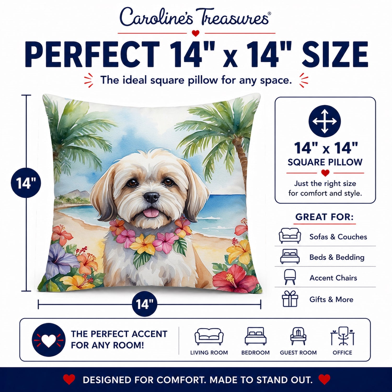 Lhasa Apso Luau Decorative Throw Pillow 14x14 Indoor Outdoor Accent Cushion, Fabric Cover with Insert for Sofa, Bed, Porch & Living Room